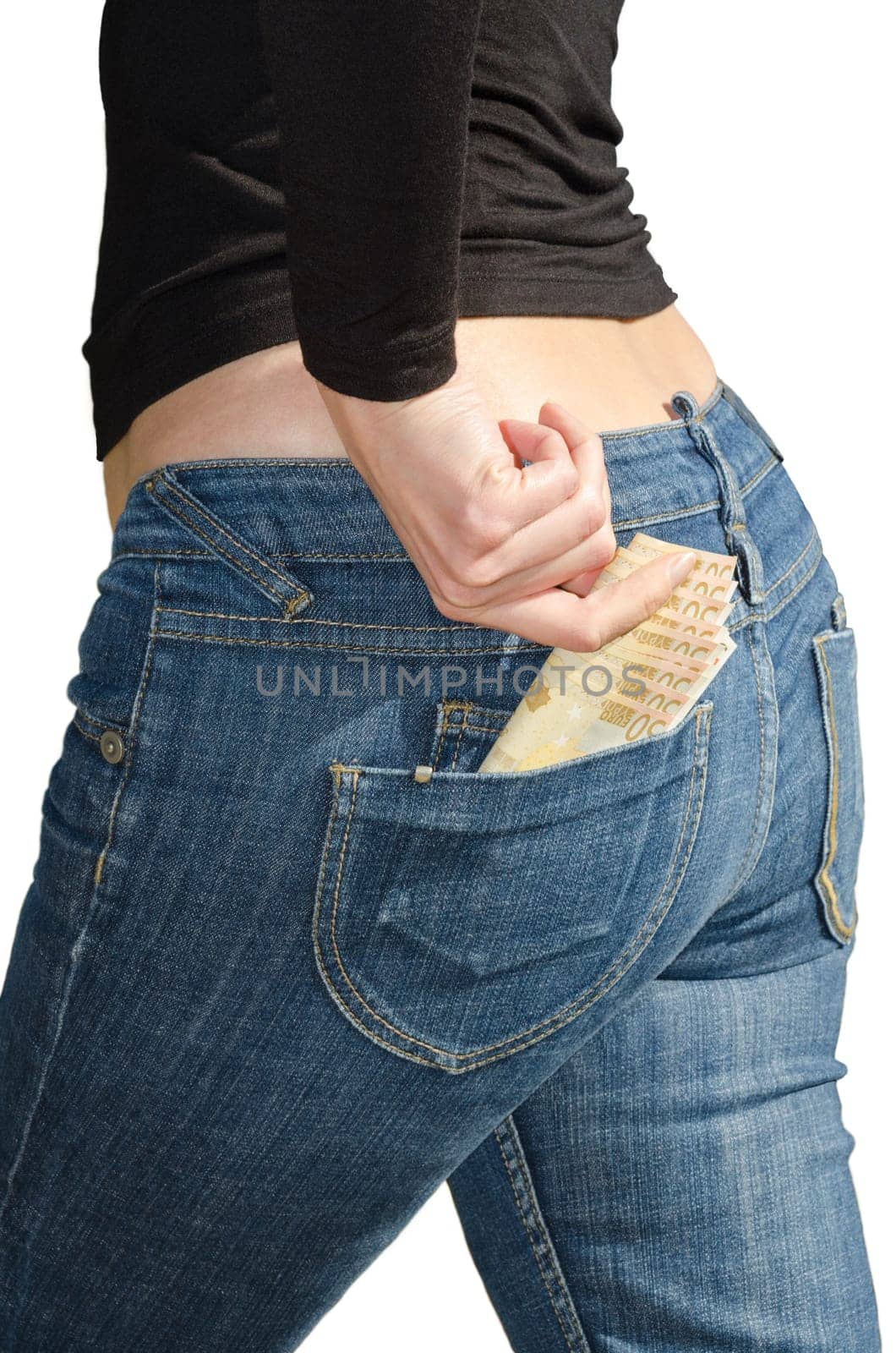 Beautiful young woman pulls out euro banknotes from back pocket isolated on white