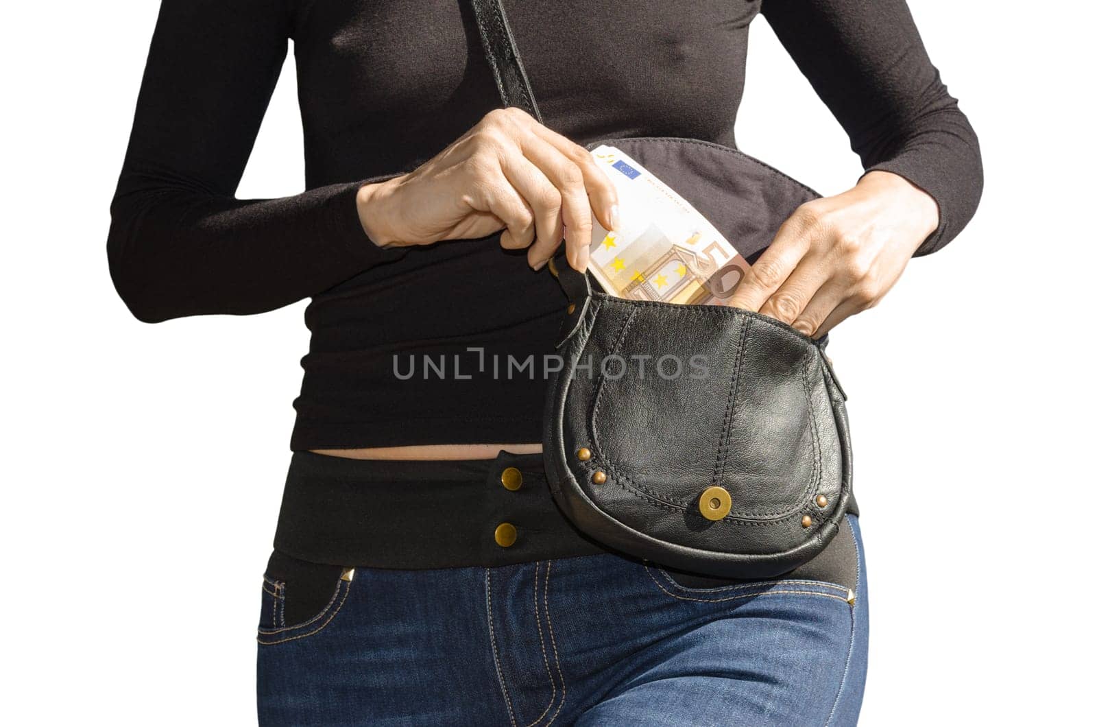 Sexy lady pulls out of her handbag a banknotes of fifty euro isolated on white