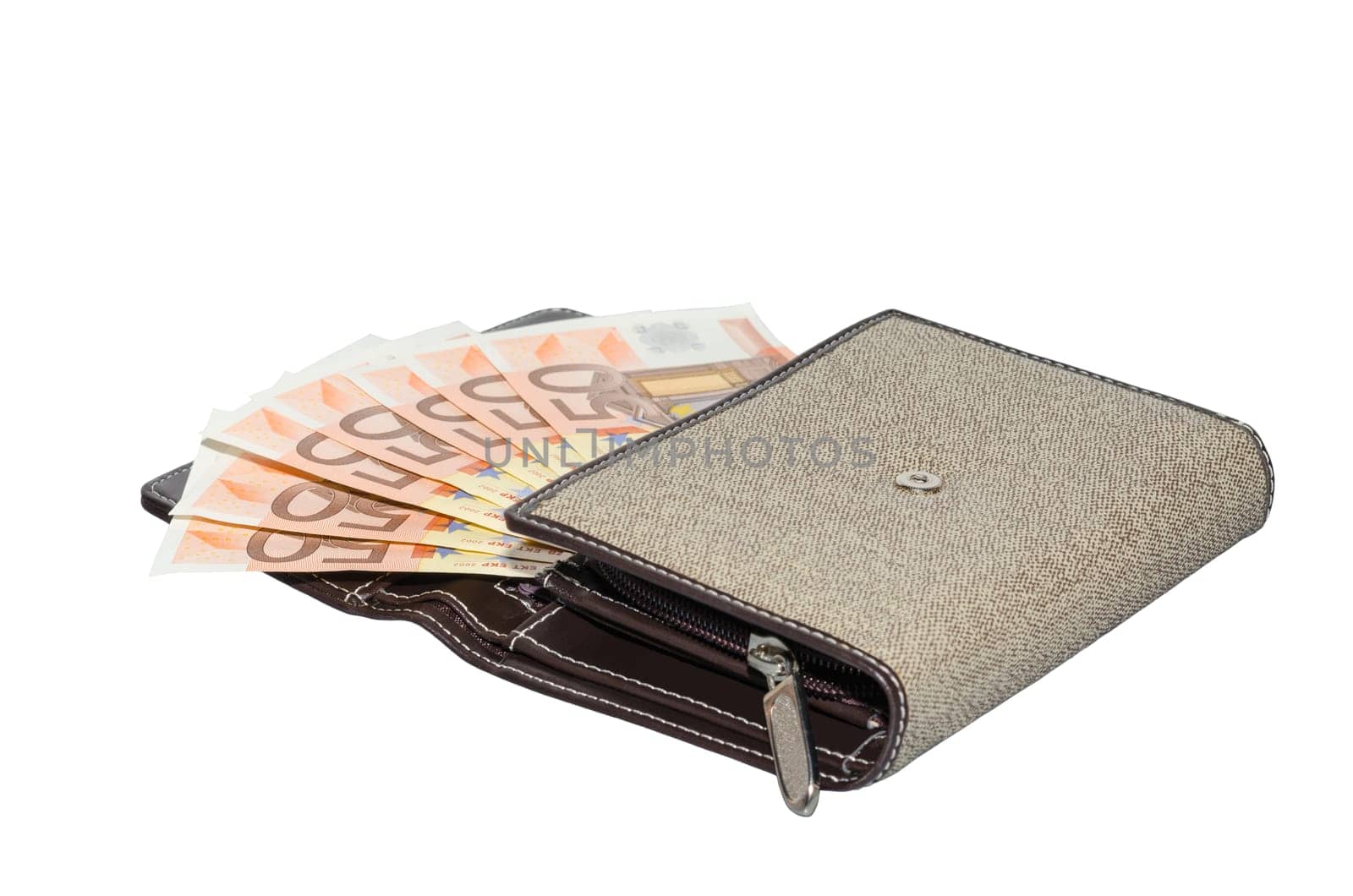 Women's fabric purse wallet with fan of cash fifty euro banknotes isolated on white