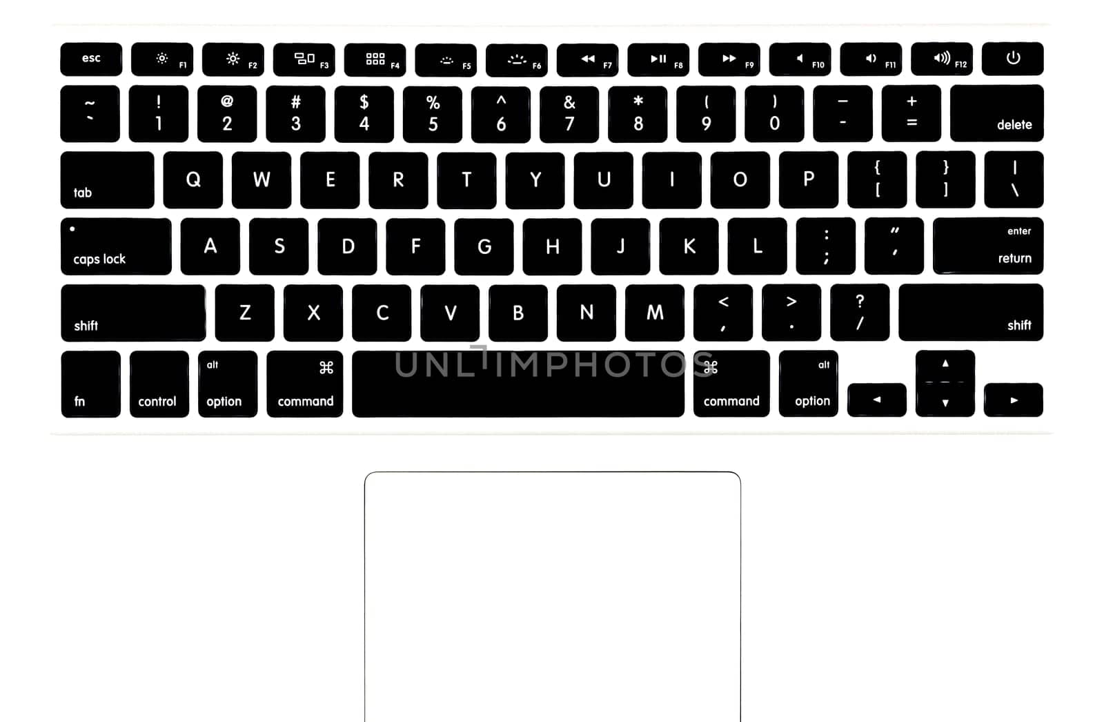 View of the modern laptop keyboard from above. English letters and metal surface, touchpad in bottom.