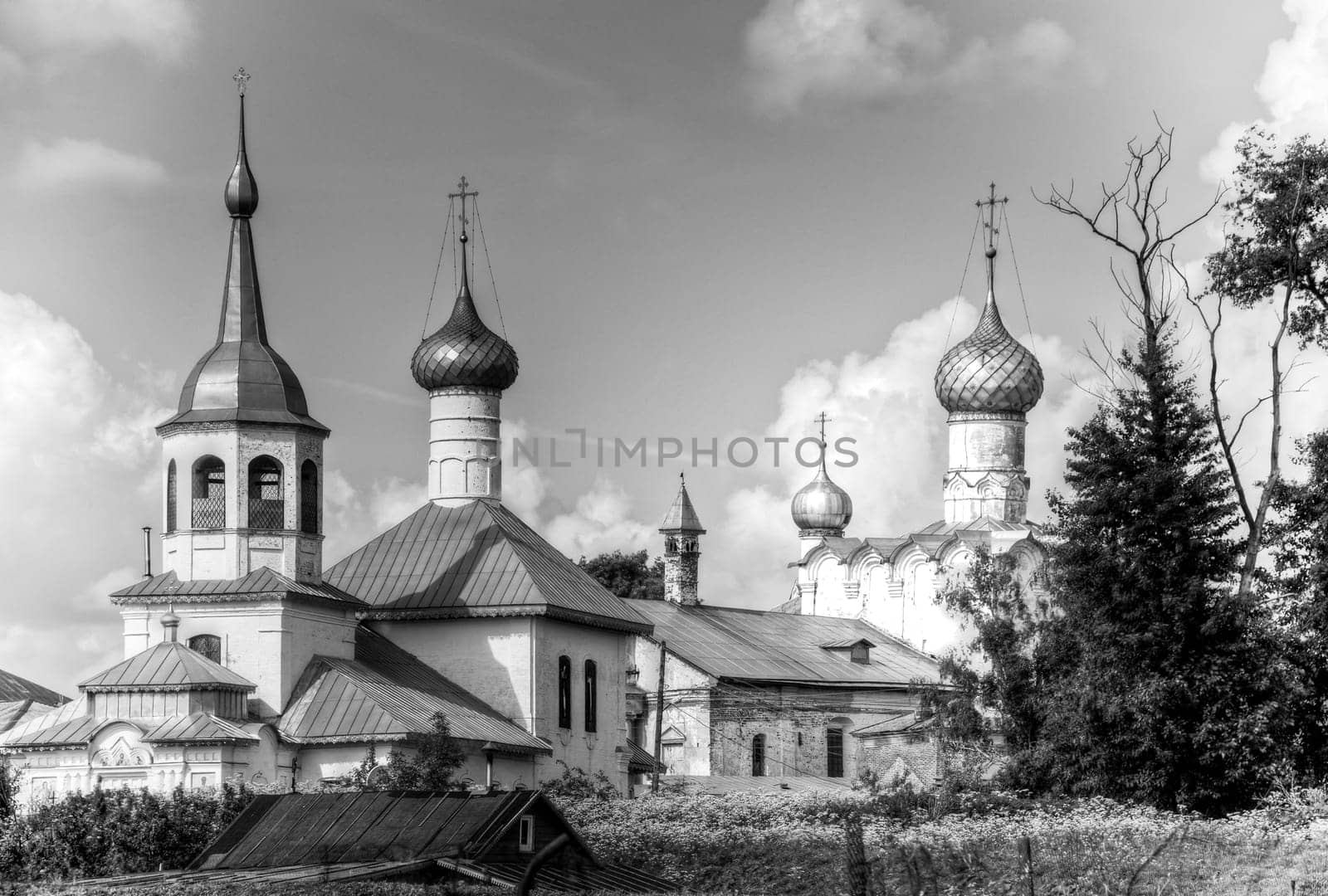 Black and white photo of old churches located in Rostov, Golden ring, Russia.