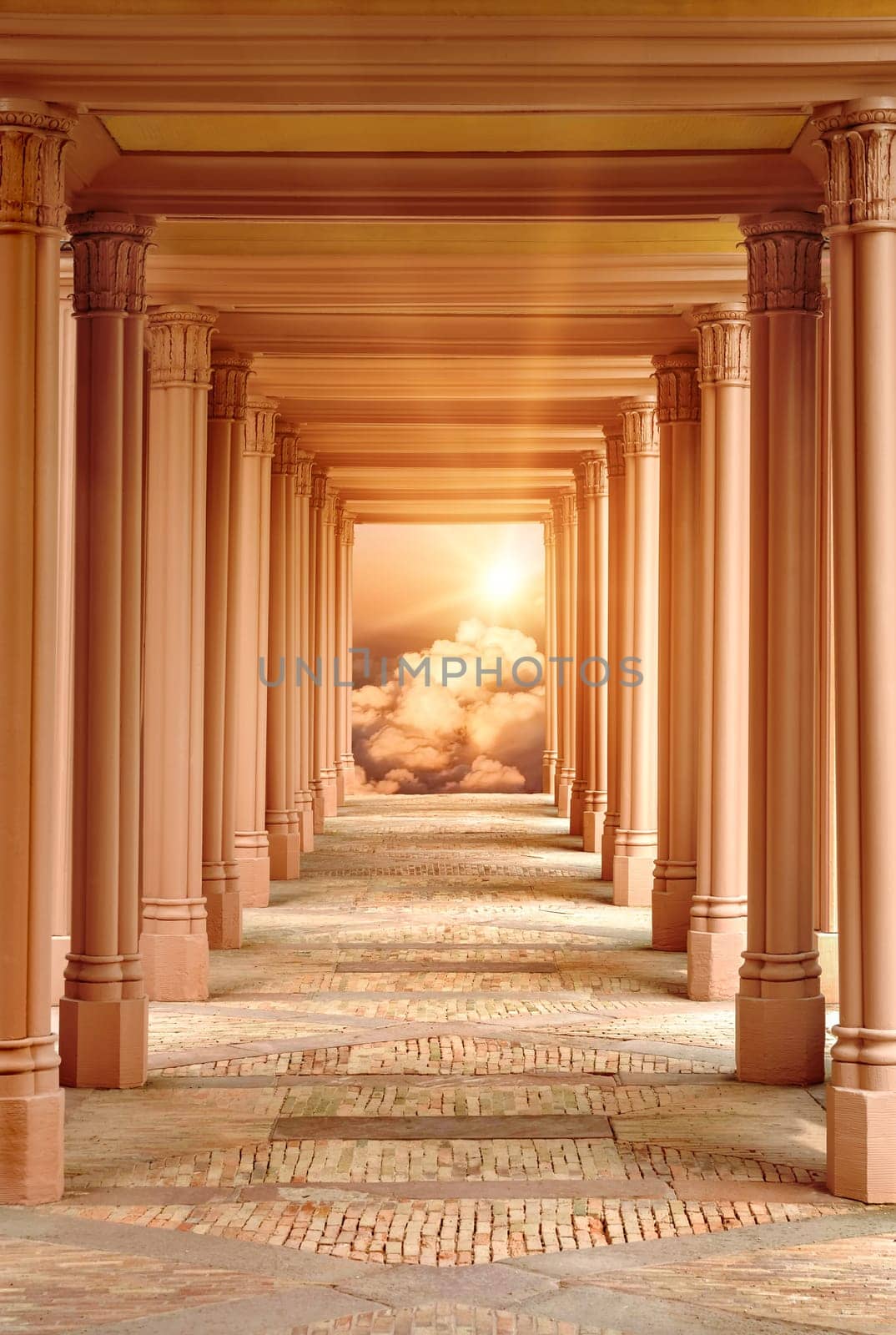A corridor framed by columns leads to heaven