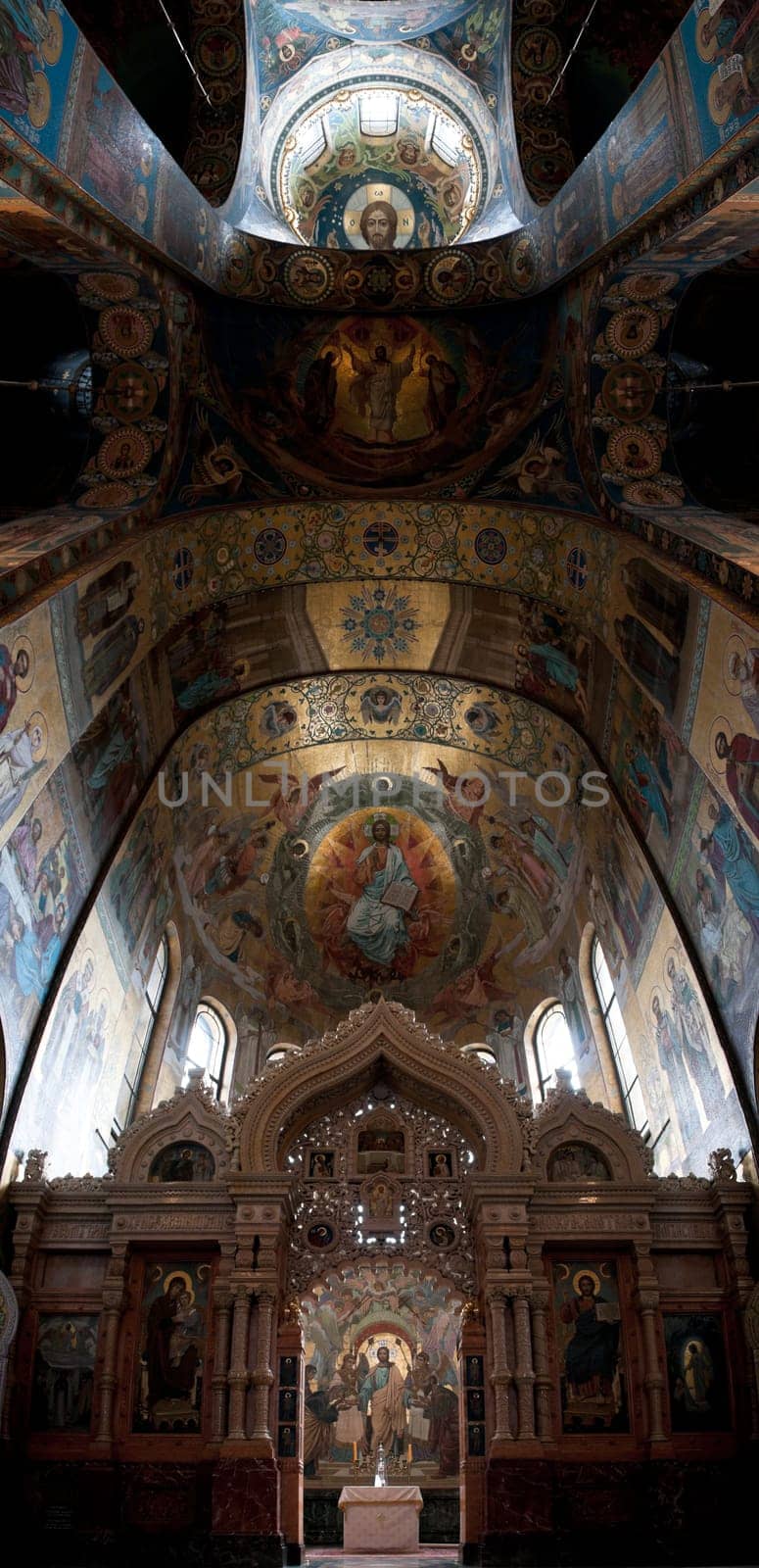 The Church of Our Savior on the Spilled Blood interior panorama of the ceiling. Saint Petersburg, Russia.