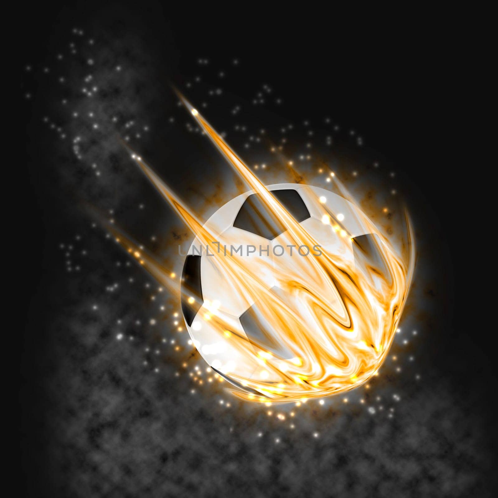 flaming soccer ball on dark background with fire and flame