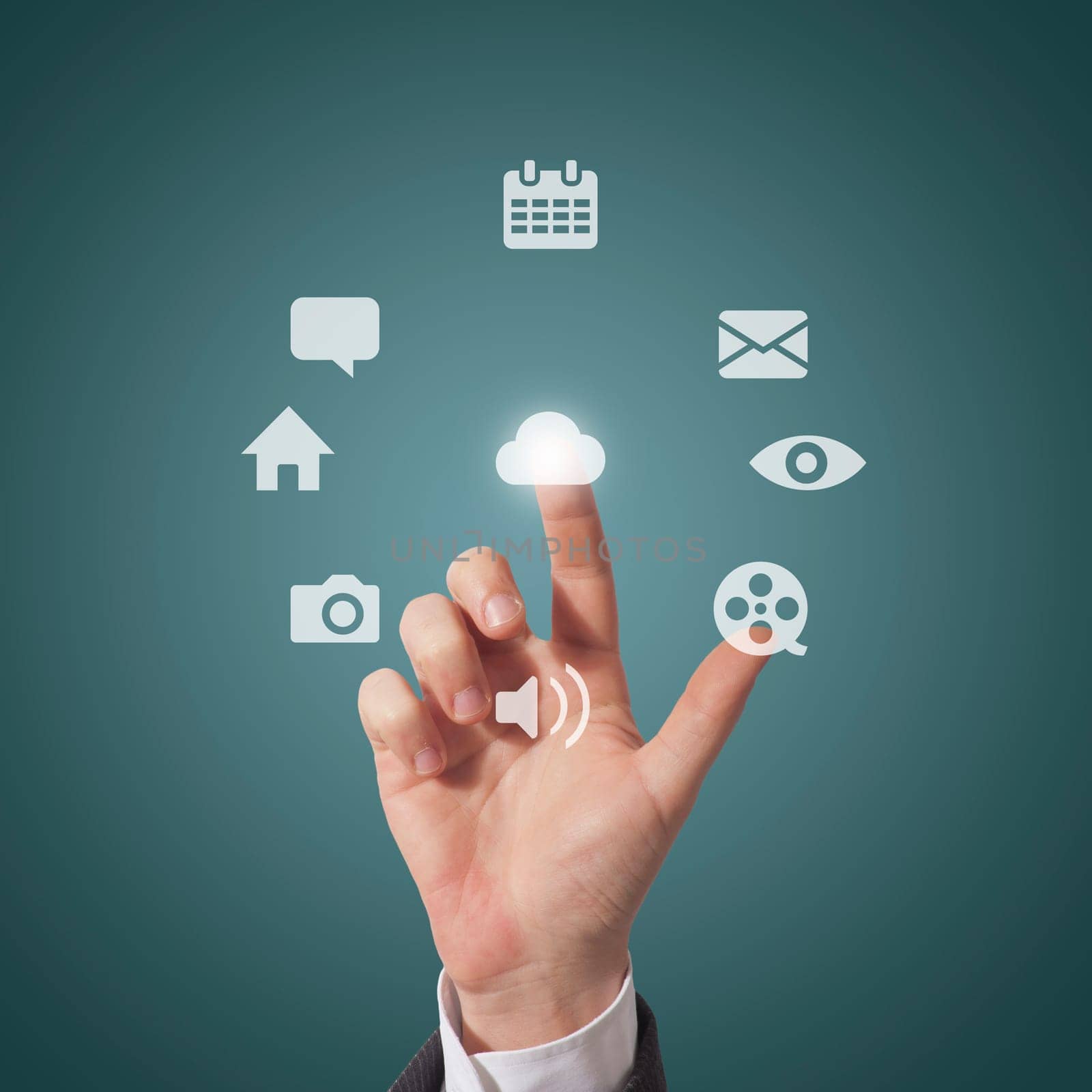 business man touching icons on screen, grey background