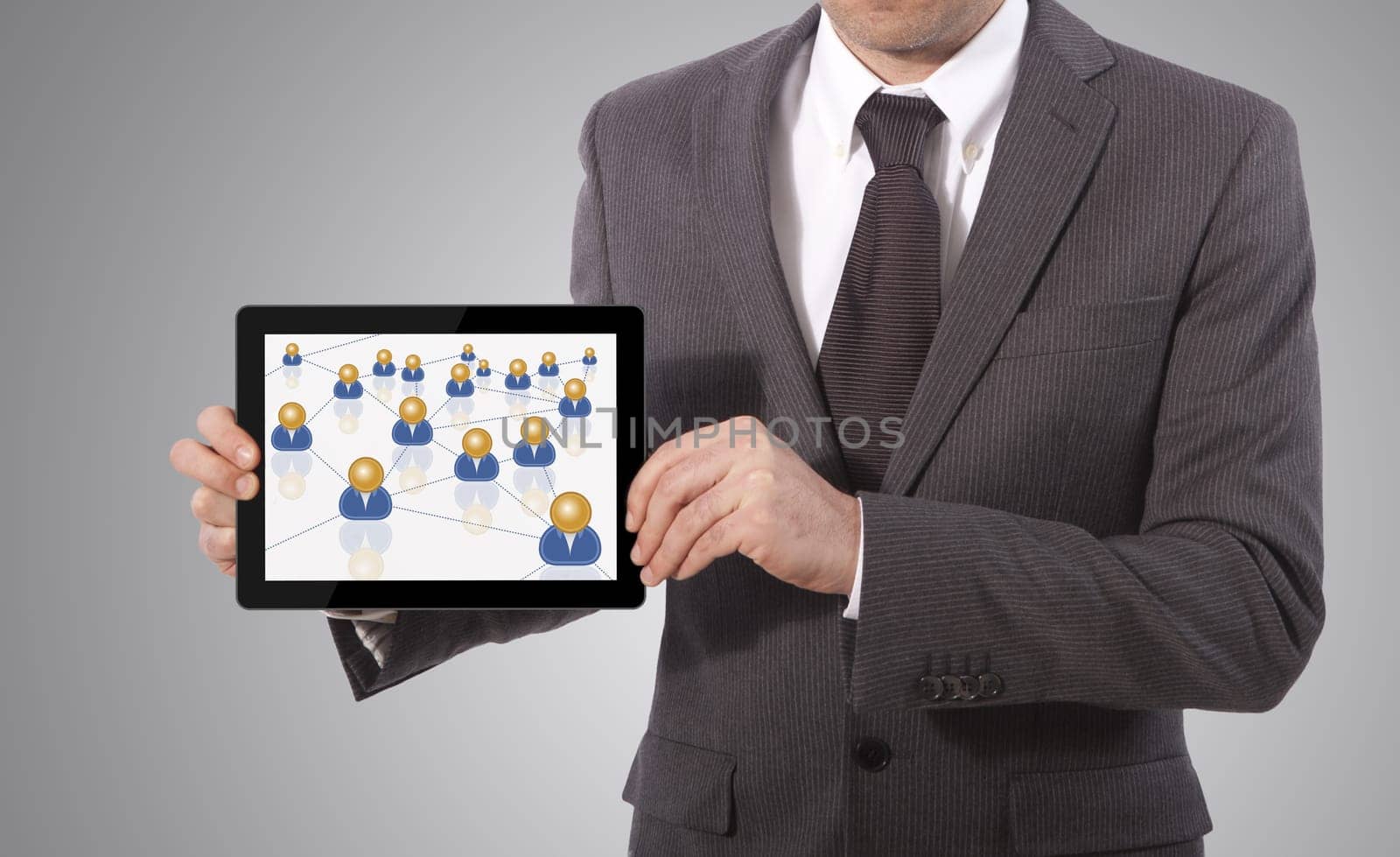 business man hand touch tablet business network