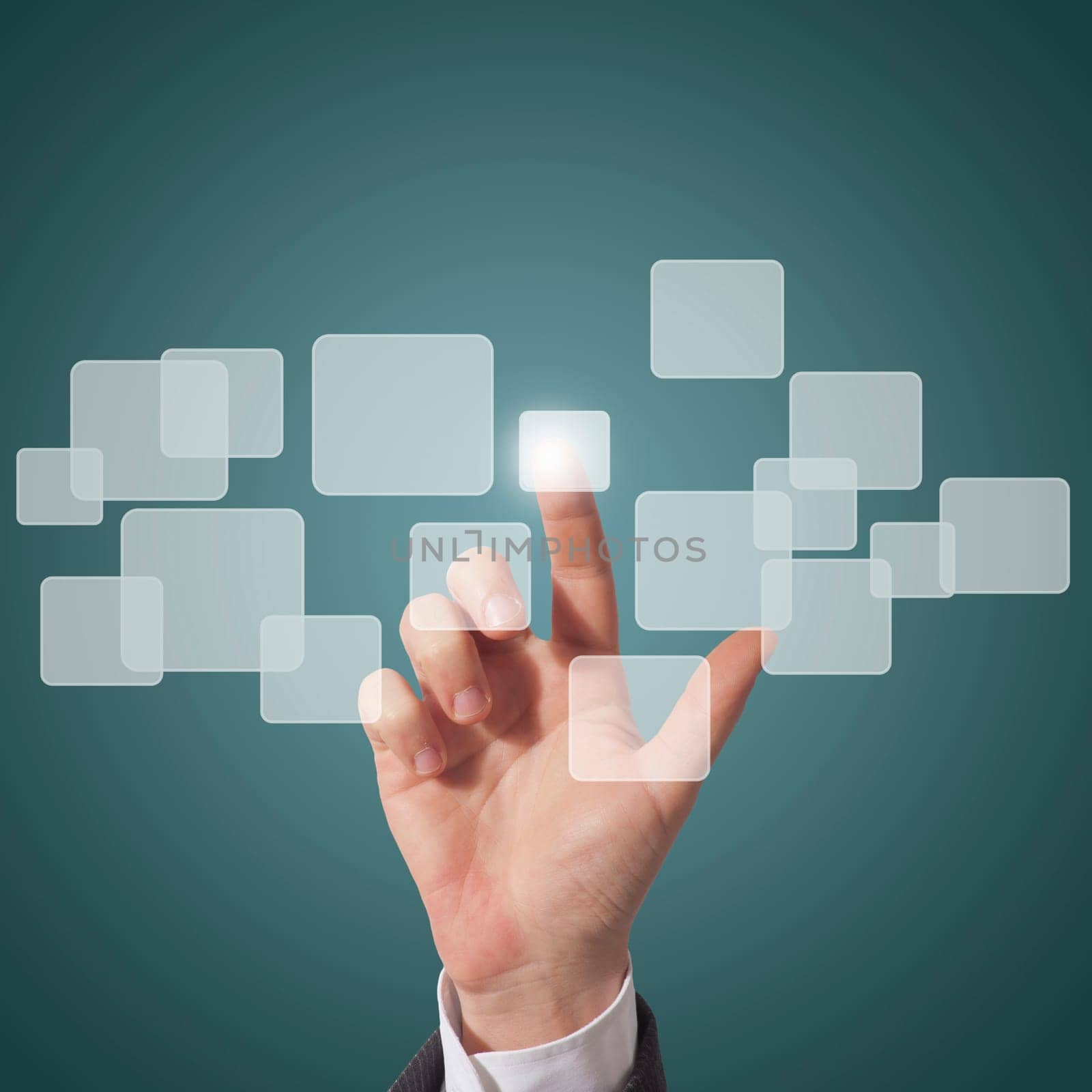 business man touching virtual screen, blue background