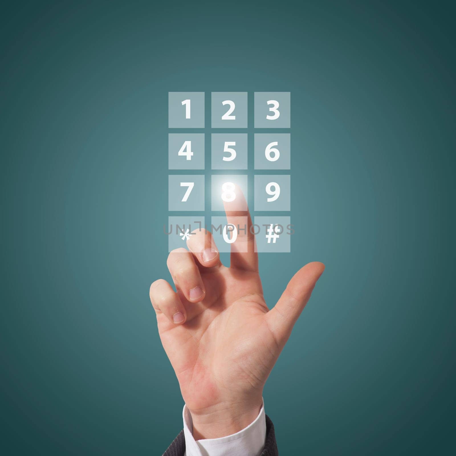 business man compose telephone number on screen, blue background