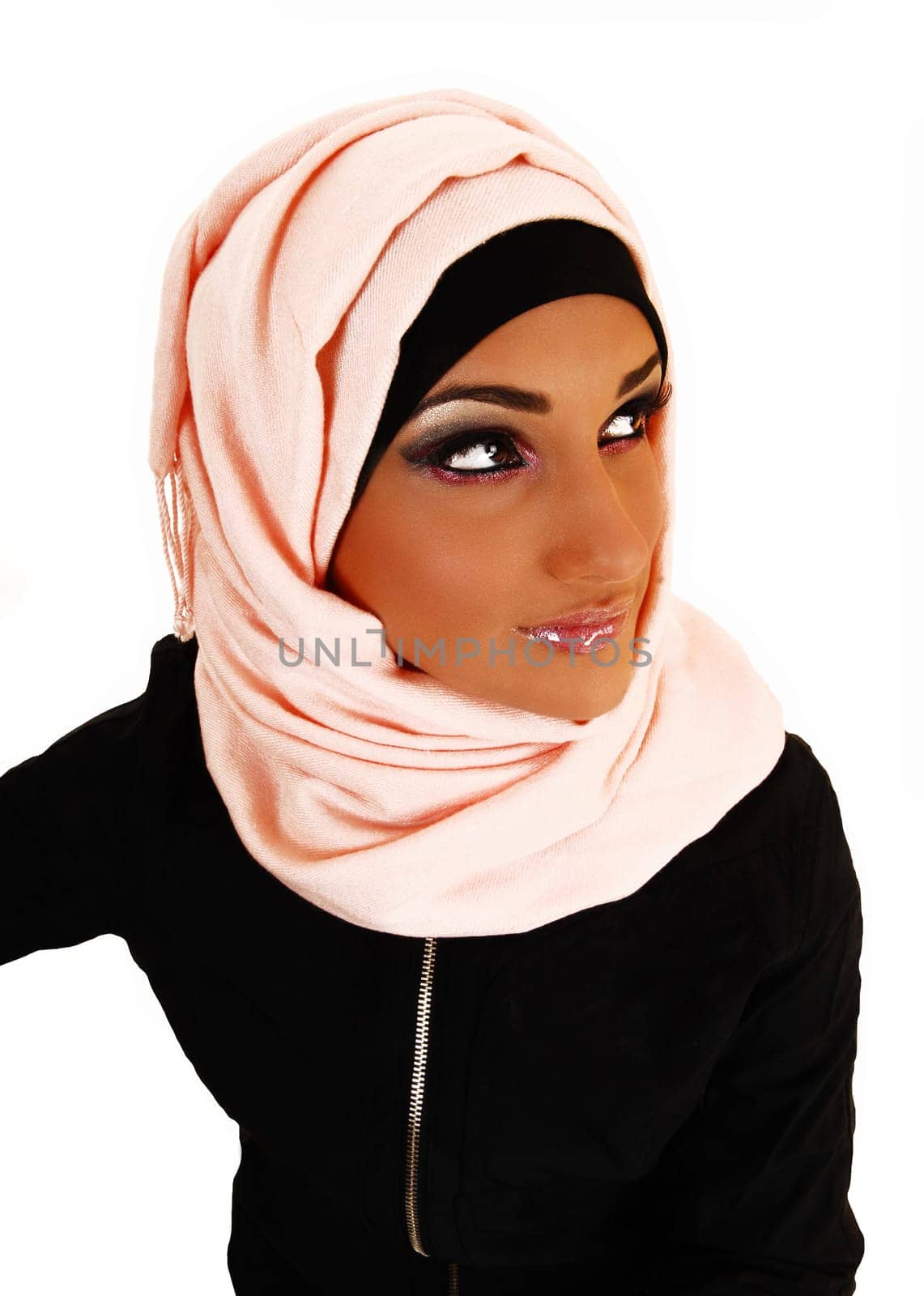 A young lovely teenager girl in a black jacket and a pink headscarf for white background, a portrait shoot for white background.