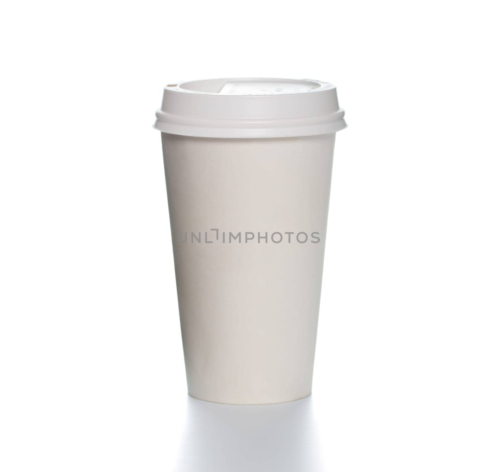White paper coffee cup with plastic cap on top and shadow underneath. Blank space for copy on cup and besides. Square format.
