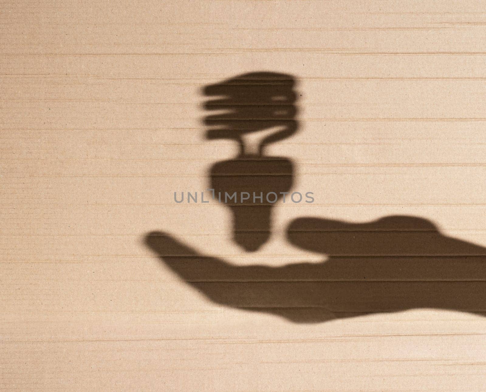 shadow of human hand holding shadow of fluorescent light bulb against cardboard background