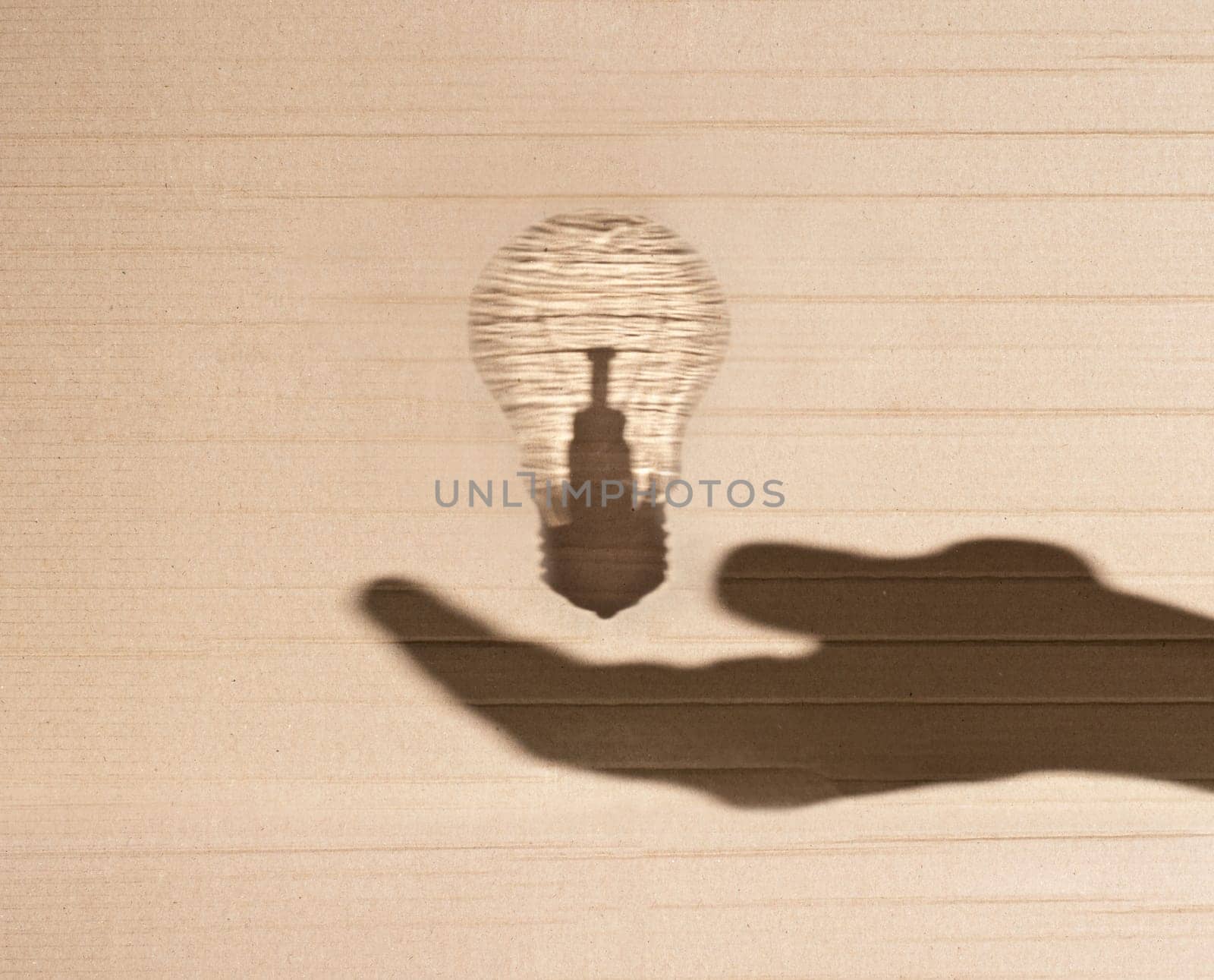 shadow of human hand holding shadow of light bulb against cardboard background