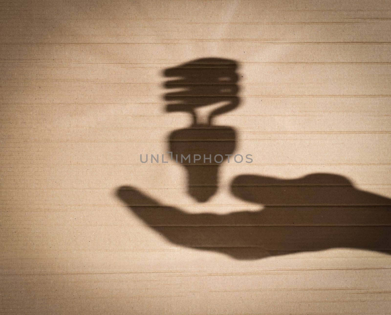 shadow of human hand holding shadow of fluorescent light bulb against cardboard background