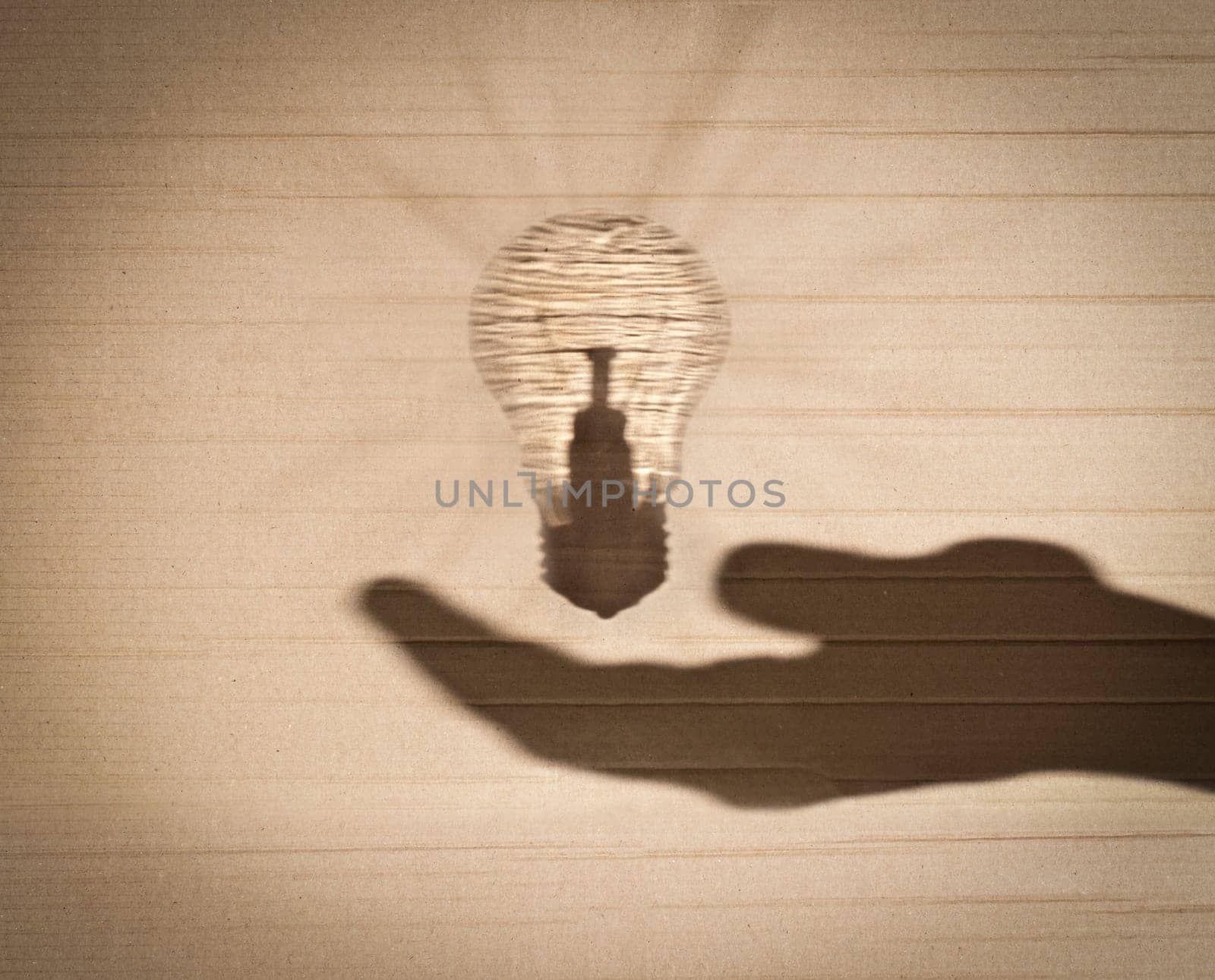 shadow of human hand holding shadow of light bulb against cardboard background