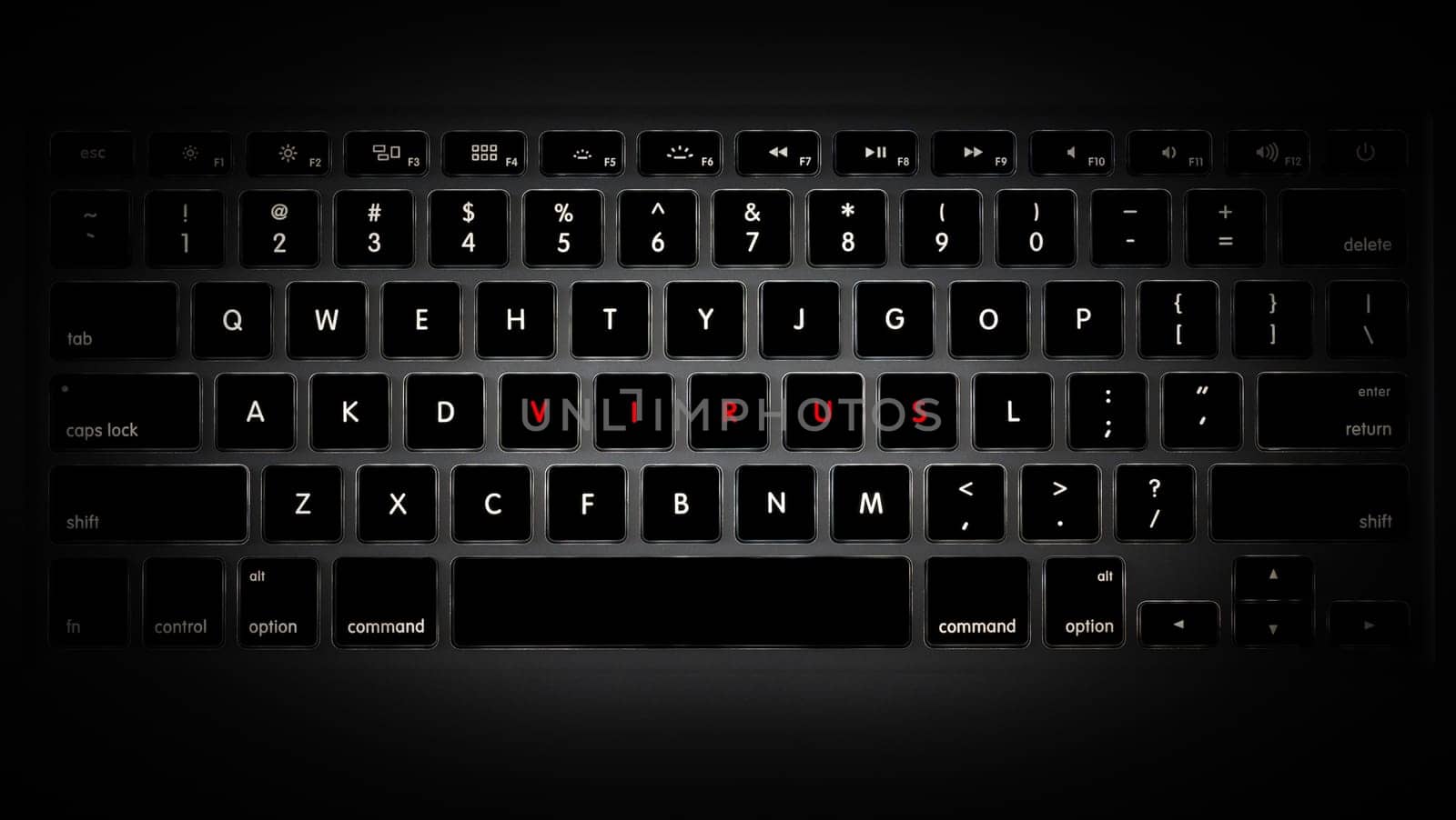 Dark image of computer keyboard with keys rearranged to make up word virus.