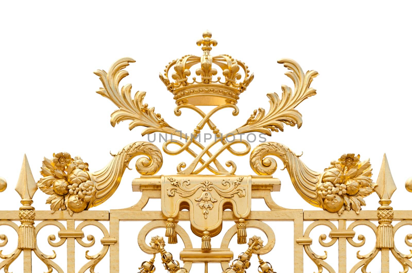 Golden ornate gate of Chateau de Versailles isolated on white background. Paris, France, Europe.