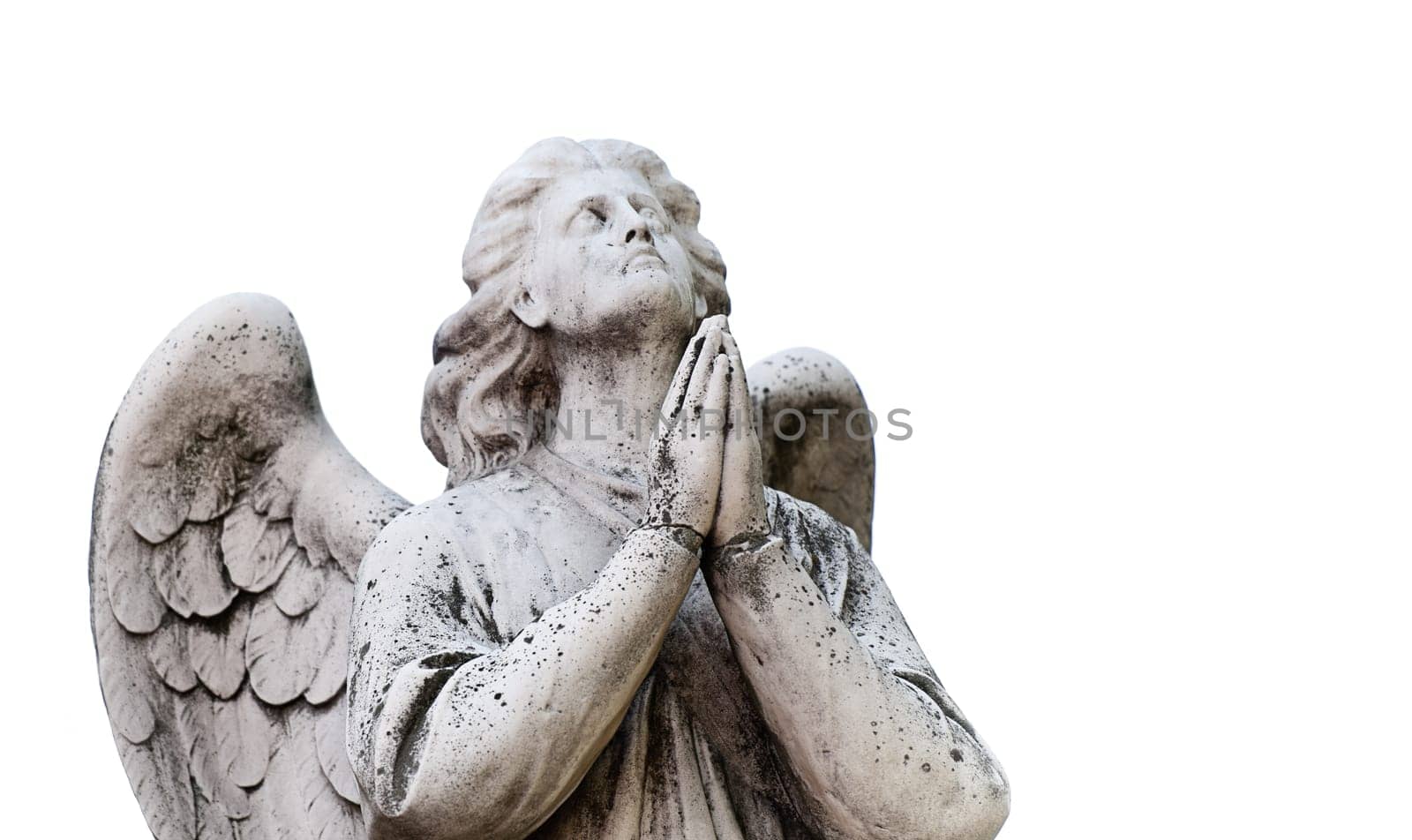 Beautiful statue of the angel praying. Isolated on white background