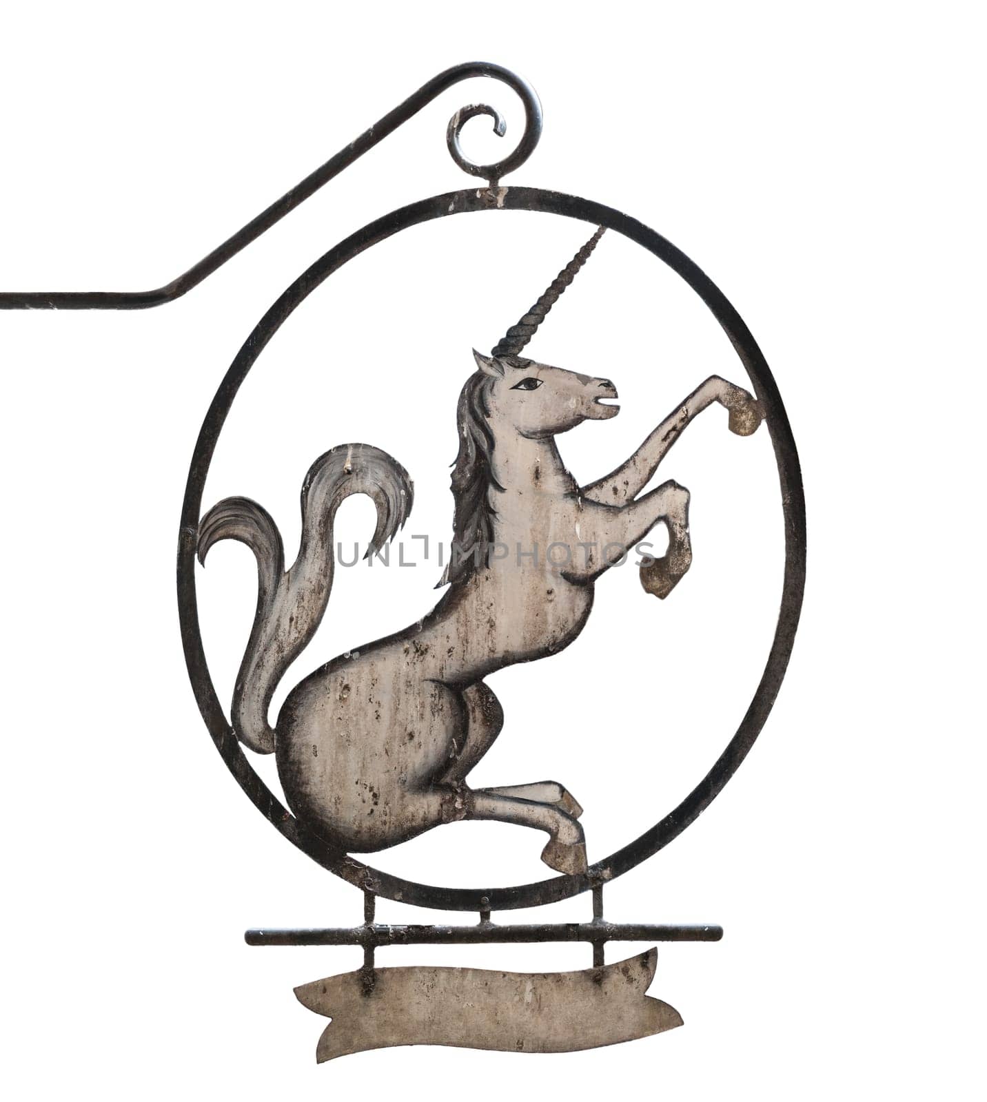Old medieval sign of tavern, pub, bar or shop depicting unicorn. Isolated on white background, place for text under the unicorn.