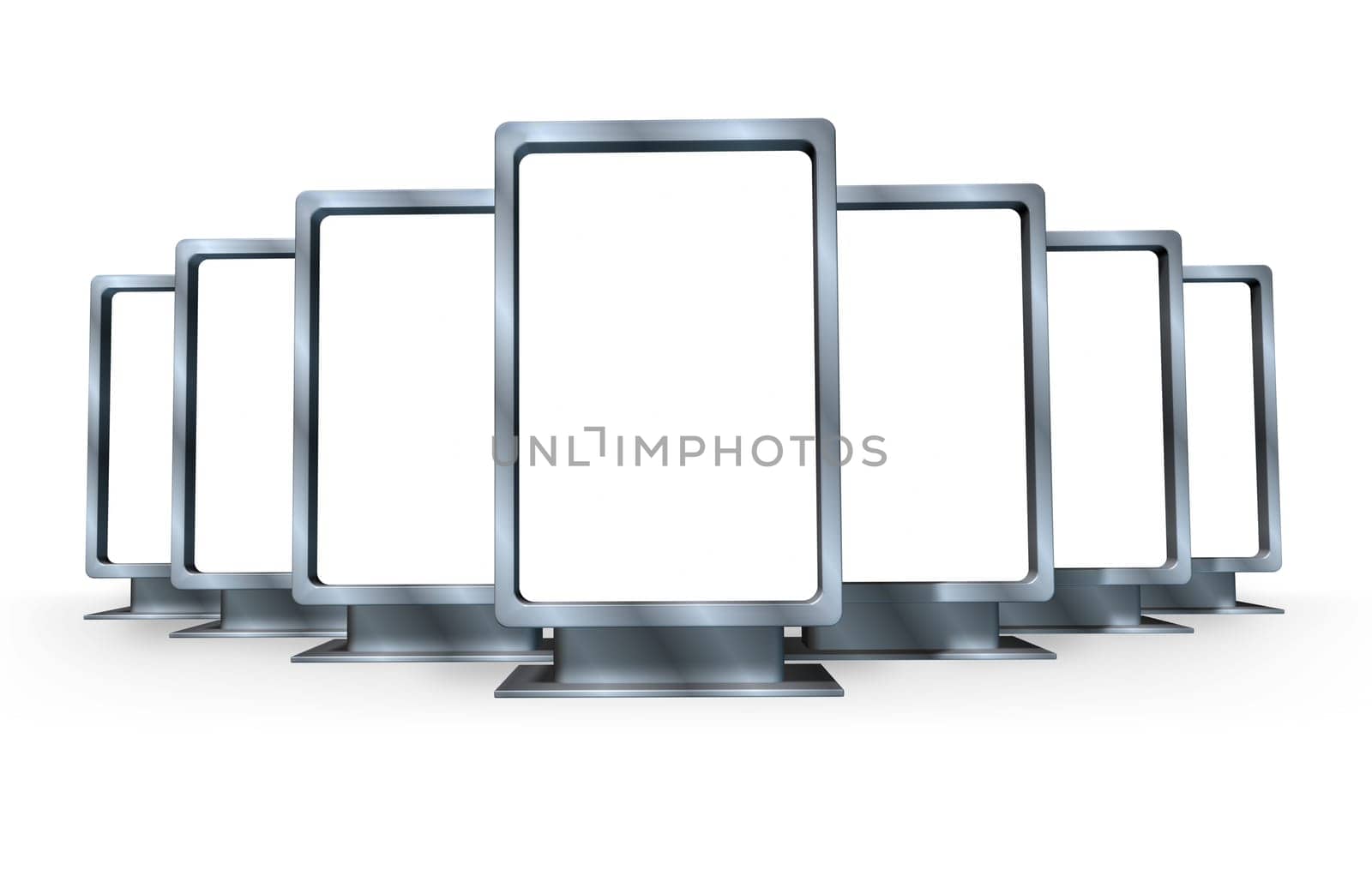 Advertising and marketting campaign with multiple blank vertical billboards made of shiny metal in different angles representing a sales display for a ad program for selling goods and servisces for a business .