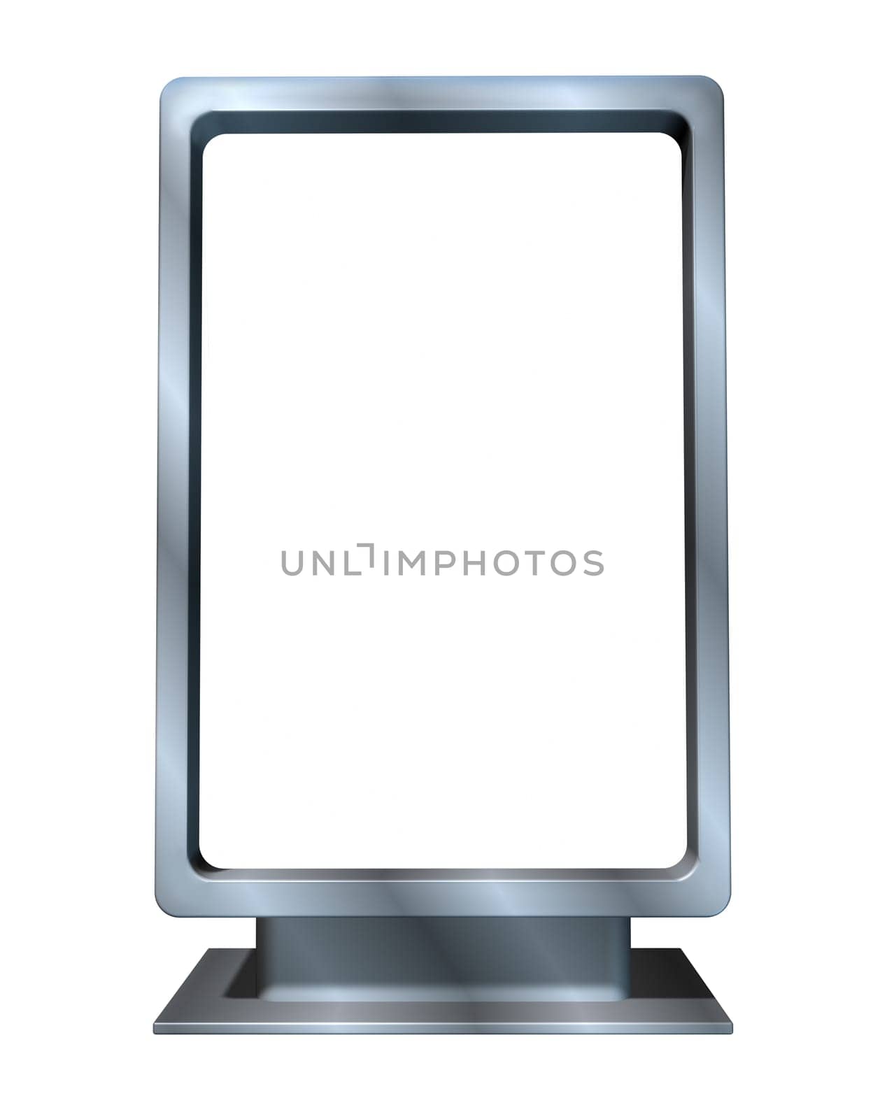 Marketing and advertising campaign with a single blank vertical billboard made of shiny metal in a dynamic angle as a sales display for an ad program for selling goods and services for  businesses .