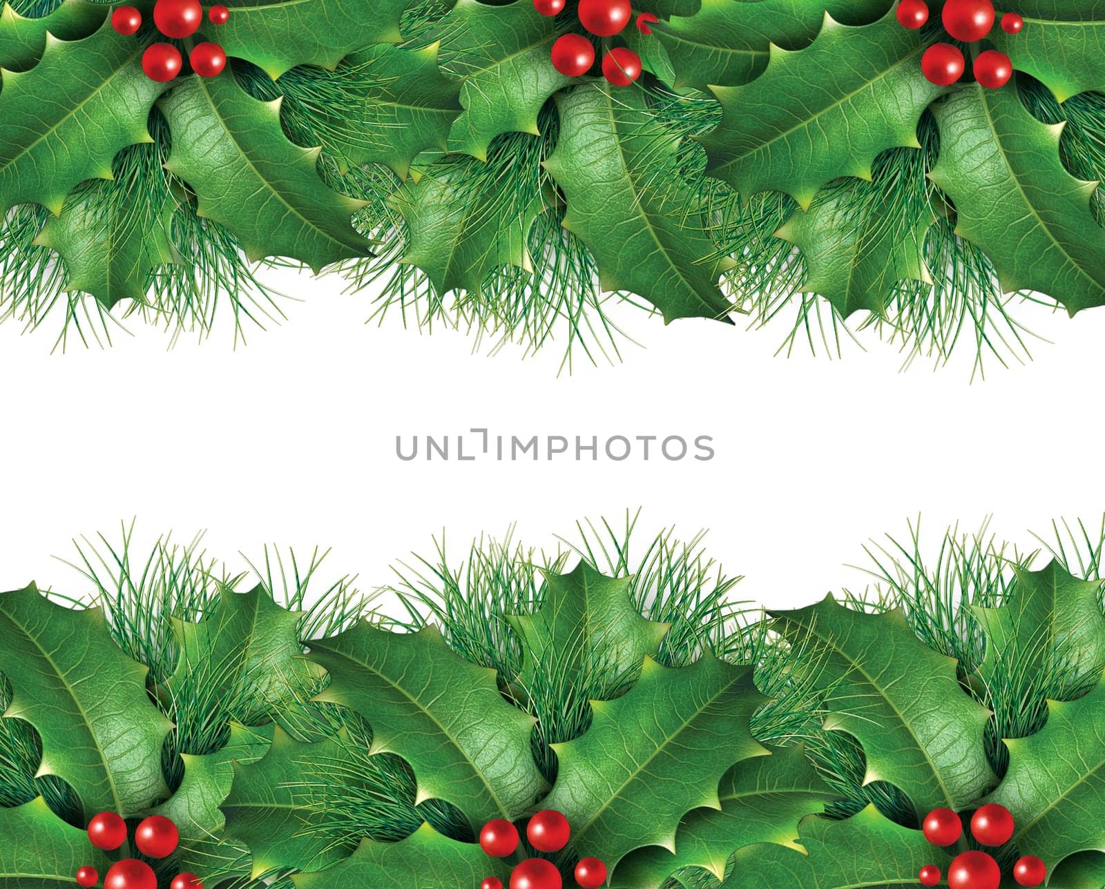 Christmas background image with  wreath holly and green pine
