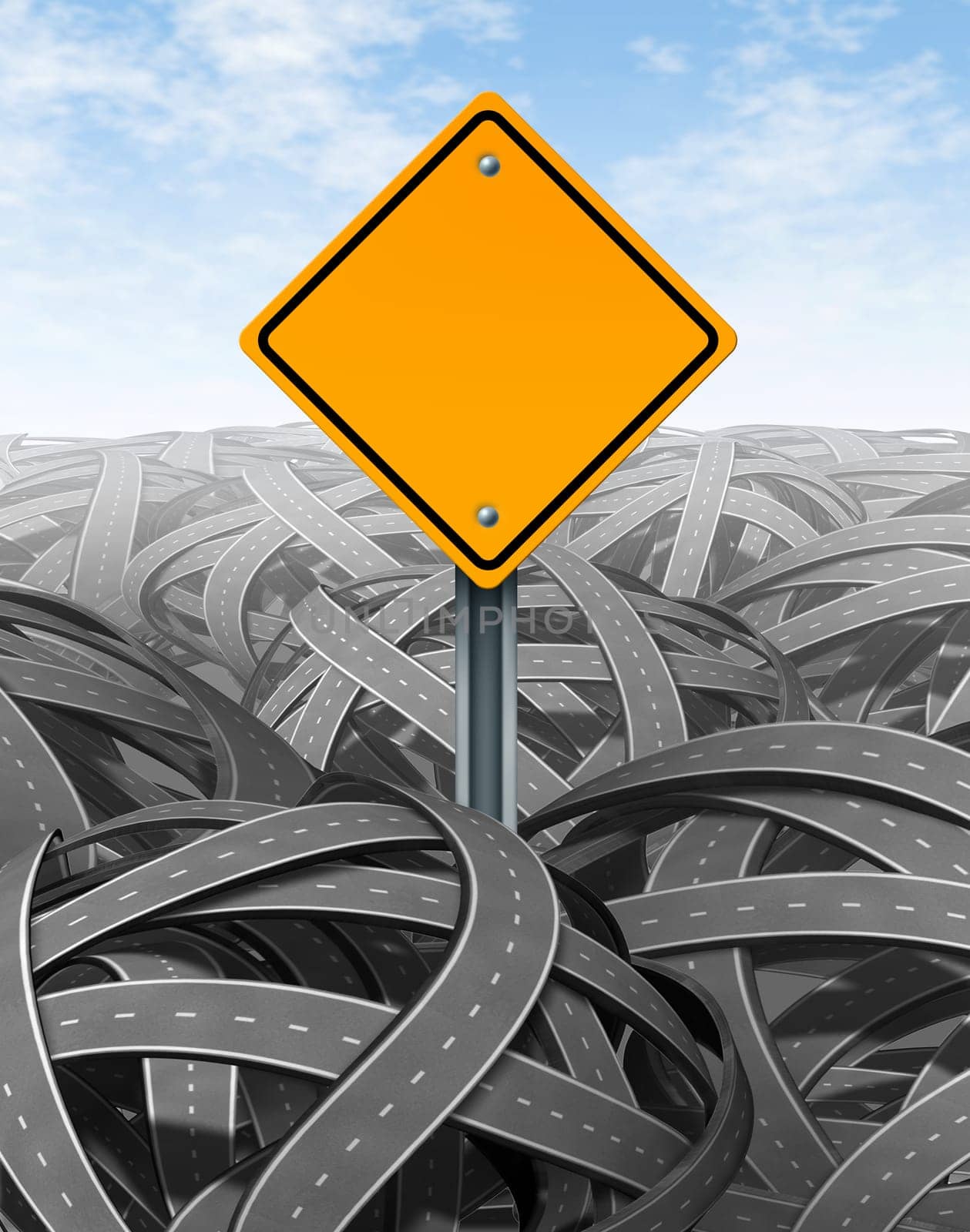 Challenges symbol with blank yellow road sign for Solutions and answers for success with clear vision and strategy finding the clear path through a maze of tangled mess of roads and highways cutting through the confusion and succeeding in business and life.