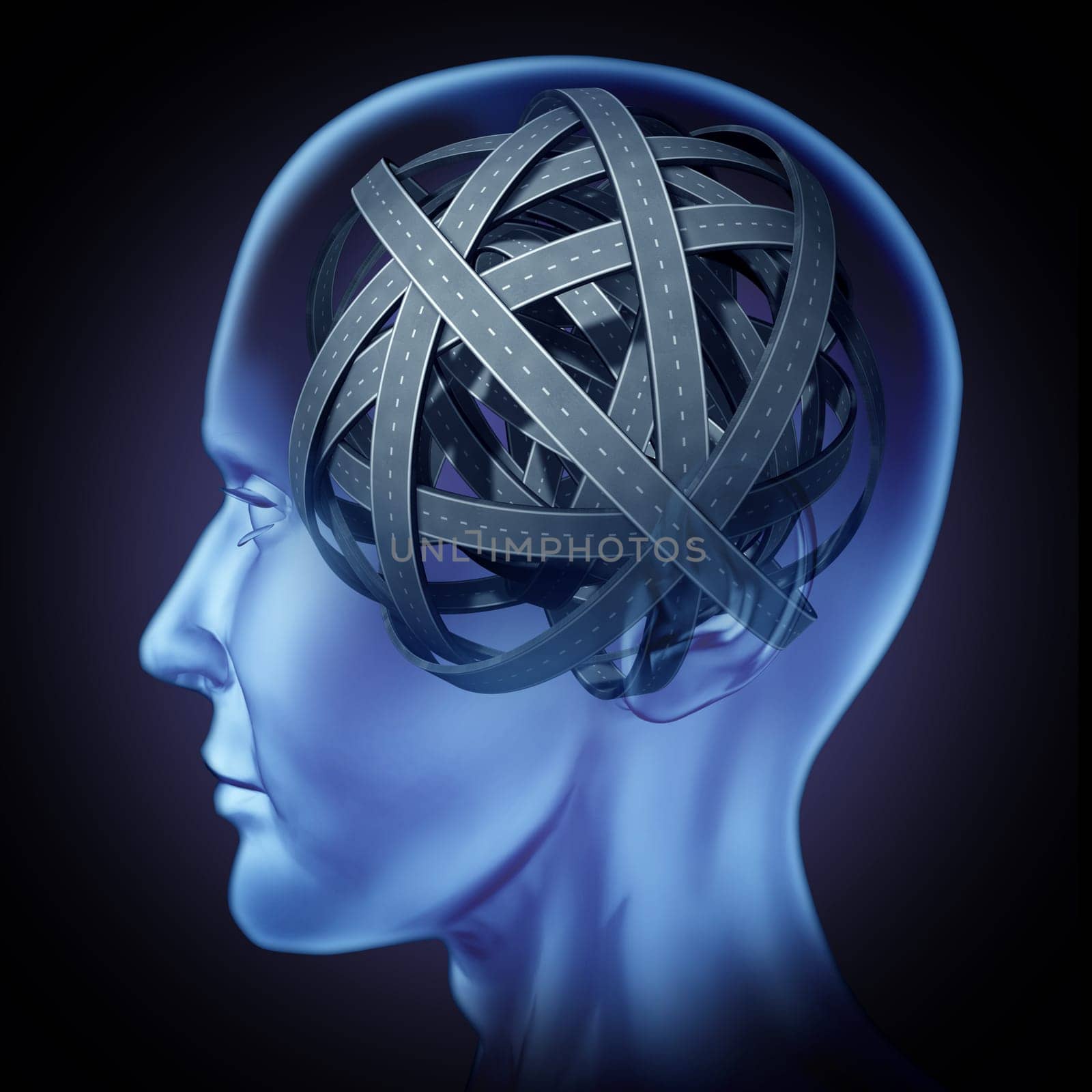 Confused puzzled mind and brain problems symbol featuring a human head with tangled mixed roads and paths representing the concept of cognitive illness and memory loss solving to find a solution and answers to mysteries of the human brain.