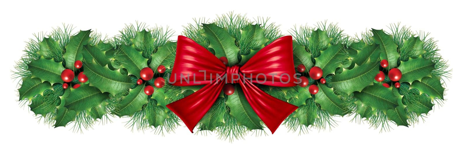 Christmas decoration border with red silk bow with pine border ornamental holiday decoration for Holiday festive winter celebration on a white background.