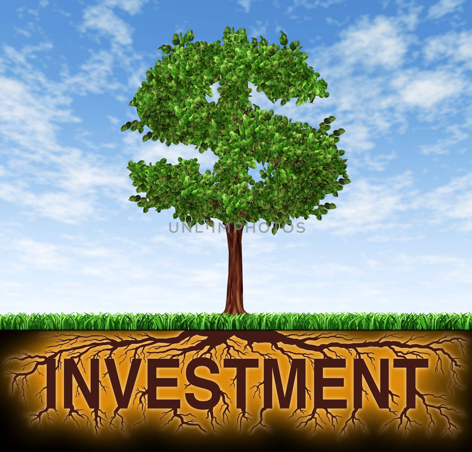 Investment and financial growth symbol with a tree in the shape of a dollar sign and the roots in the shape of the word investment showing profits and long term wealth building for business success and strategic planning for savings and investing.