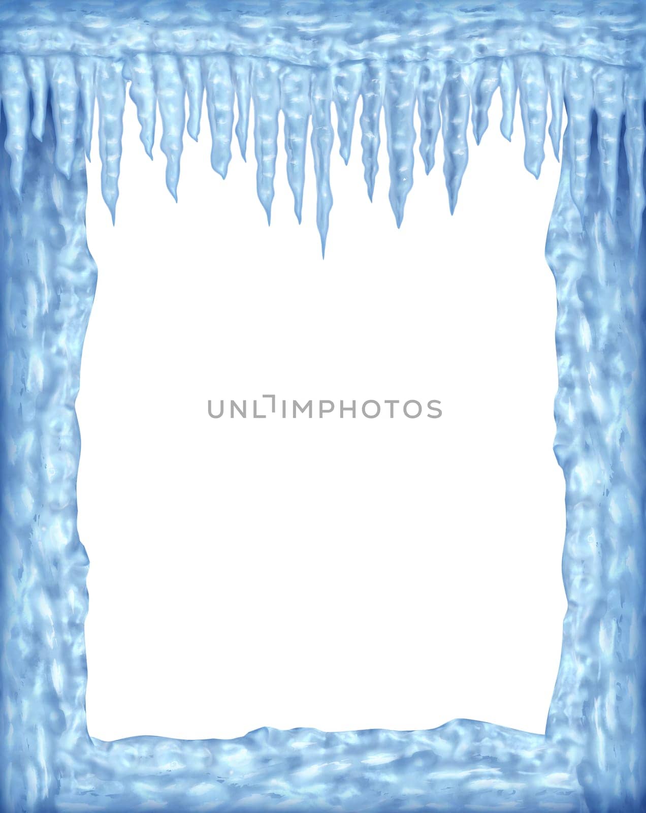 Frozen ice and icicles frame winter design element on a blank white background representing the cold arctic weather and low freezing  temperatures resulting in hanging shiny transparent ice crystals.