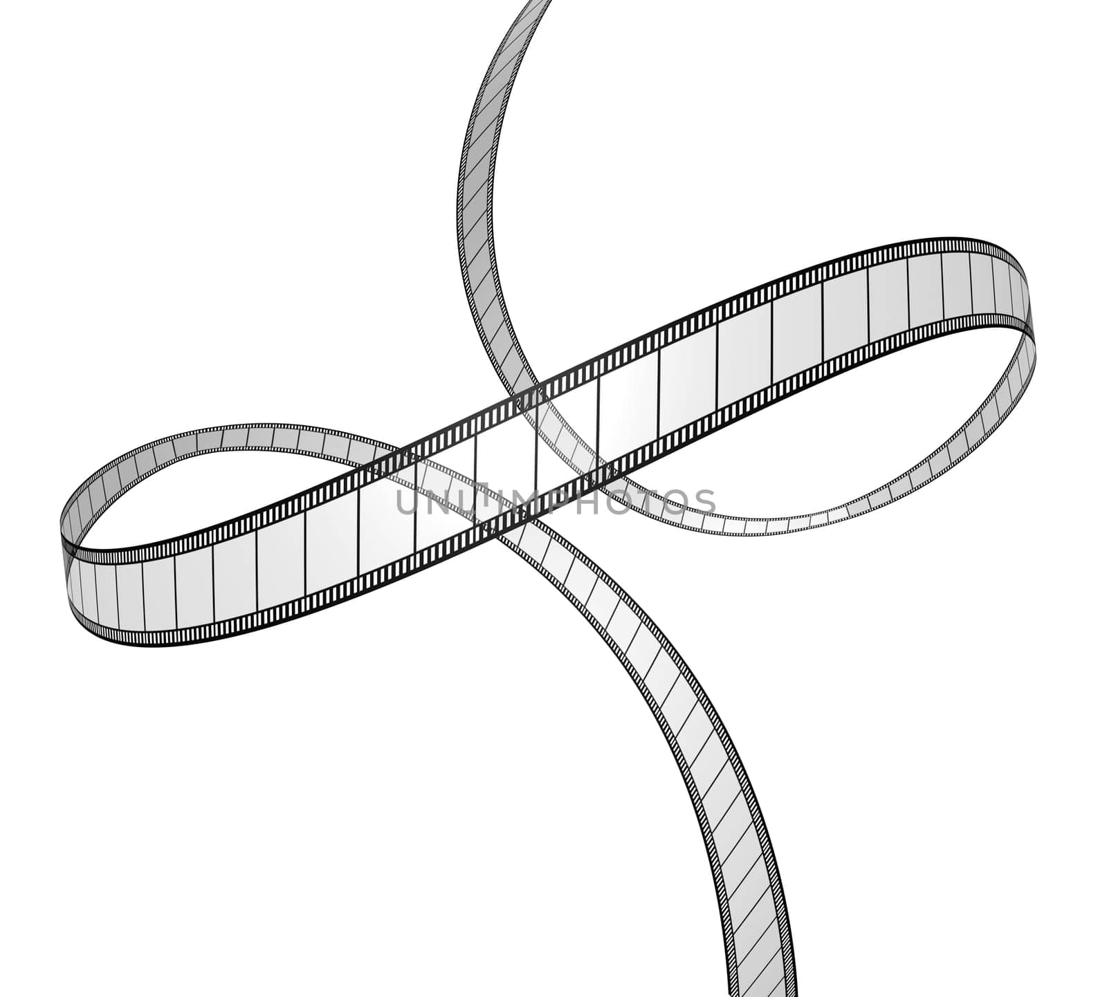 Film in dynamic perspective movie frames in a 3d twisted shape on white background for cinema and motion pictures as a digital film industry symbol floating in space showing the concept of visual media.
