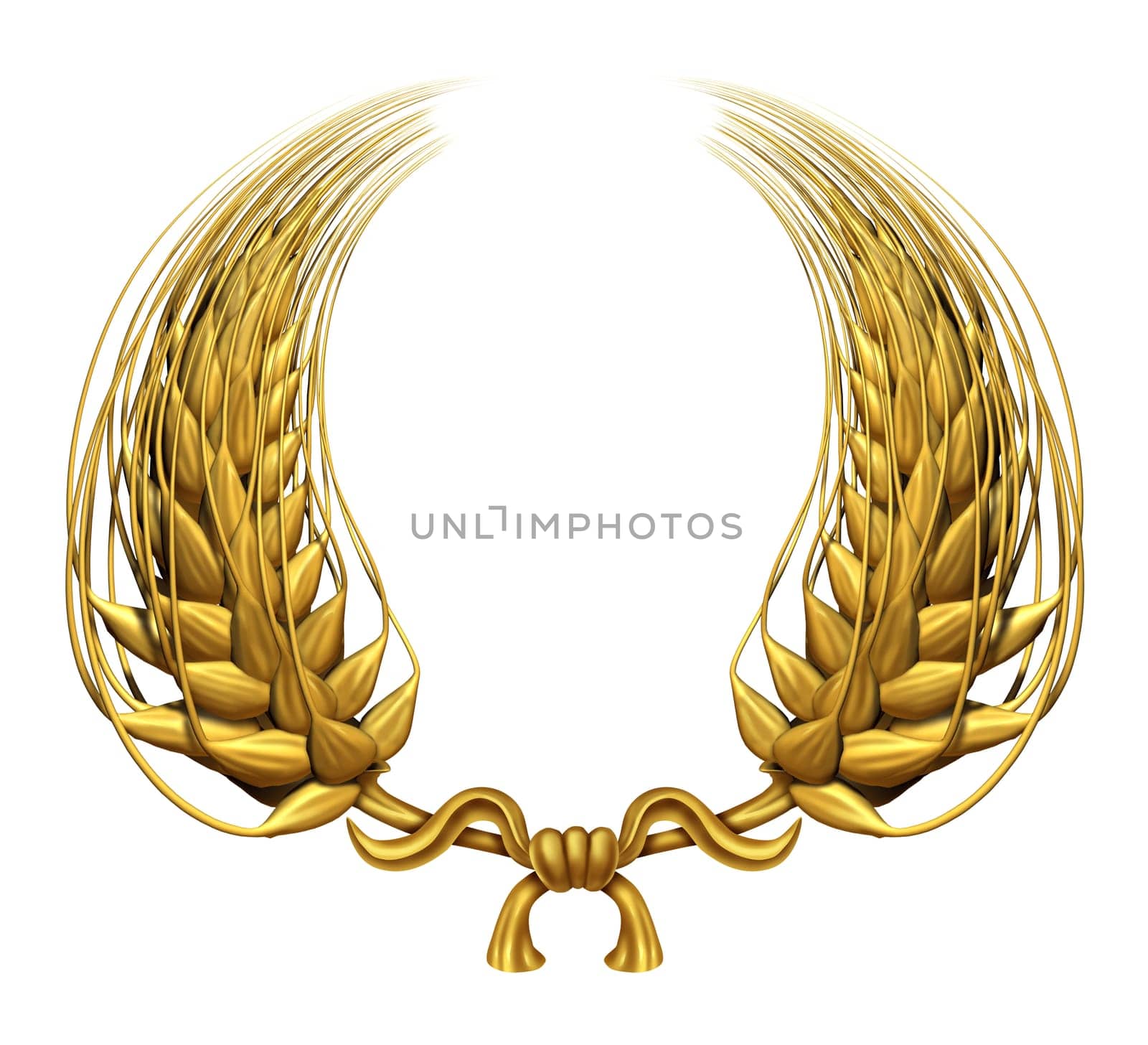 Gold laurel wreath of golden wheat representing an award and success of winning and a certified  achievement as a decorative element made of twisted 3d wheat grass and harvested food grain as a symbol of health.