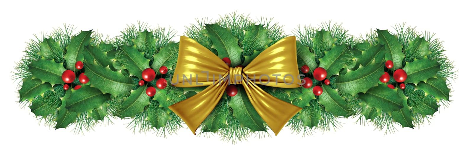 Christmas Gold silk bow border decoration with pine design element as an  ornamental holiday decoration for Holiday festive winter celebration on a white background.