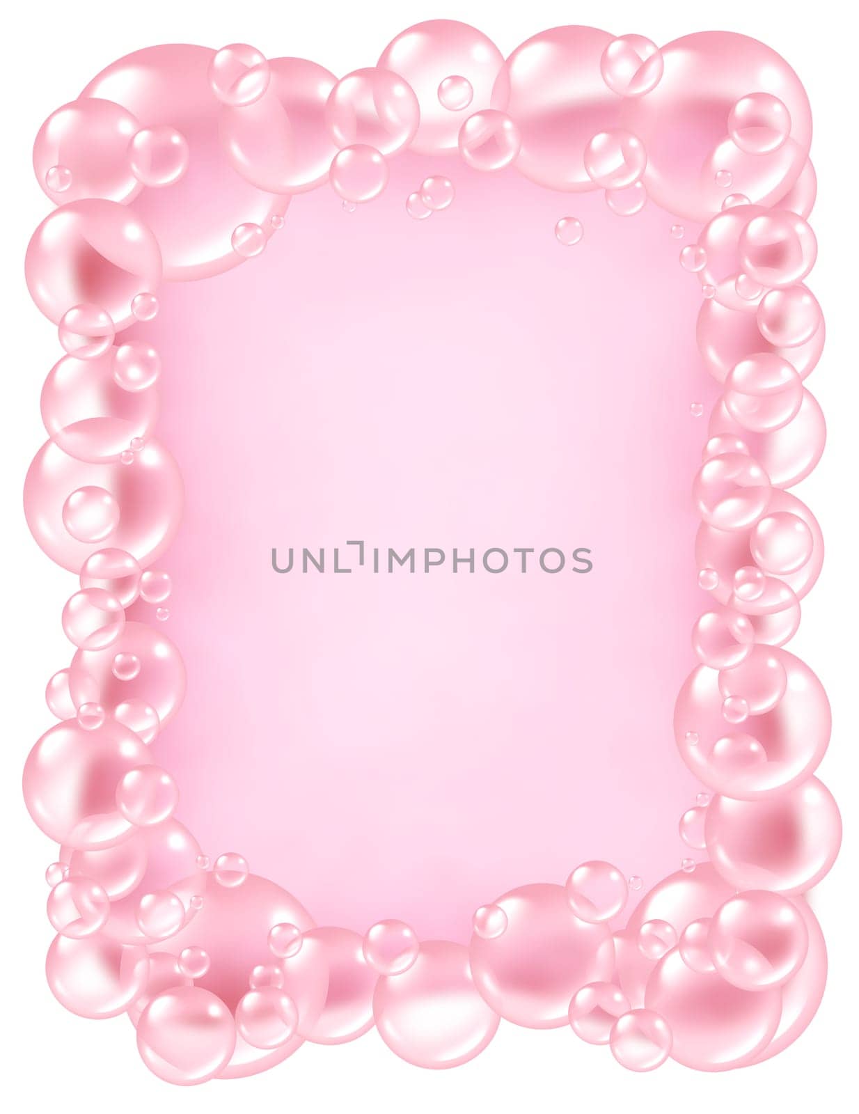Pink bubbles frame and transparent bath soap sud  bubble composition  with blank area in the middle for text with bunch of foam soap suds in many circular sizes in the air floating as clean dainty pretty symbols of washing and freshness.