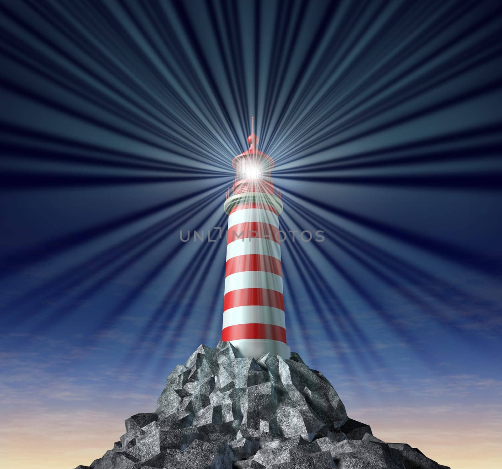 Beaming light from a lighthouse on a rock mountain and strategic guidance as a symbol for solutions and answers with a light house concept on a black background for security and clear direction assistance in planning for a business strategy and clear guidance and consultation advice.