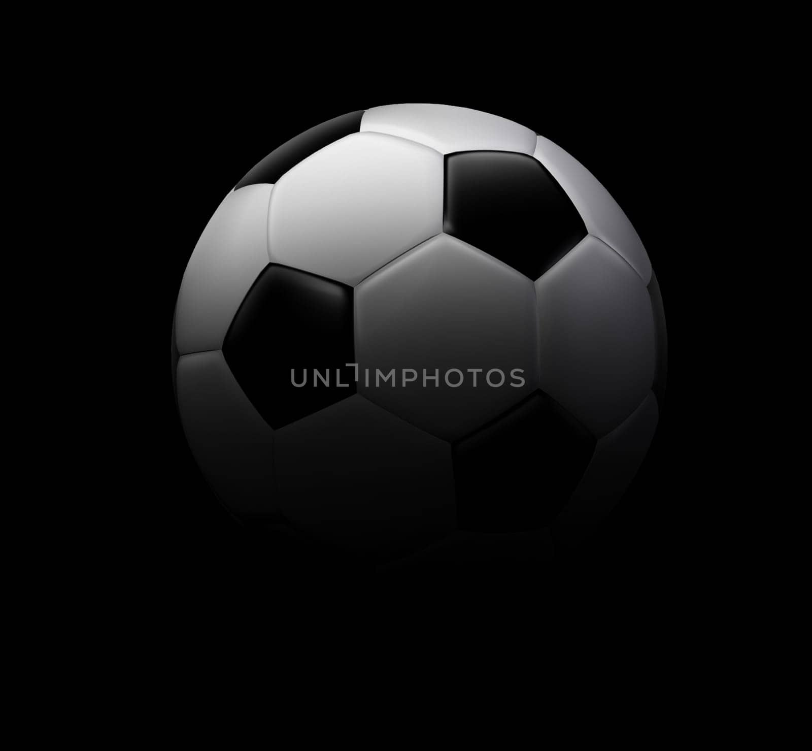 Soccer football symbol on a black background represented by a black and white soccer ball showing the theme of sports and leisure outdoor recreation and fitness icon for athletes and team members of a competitive tournament squad.