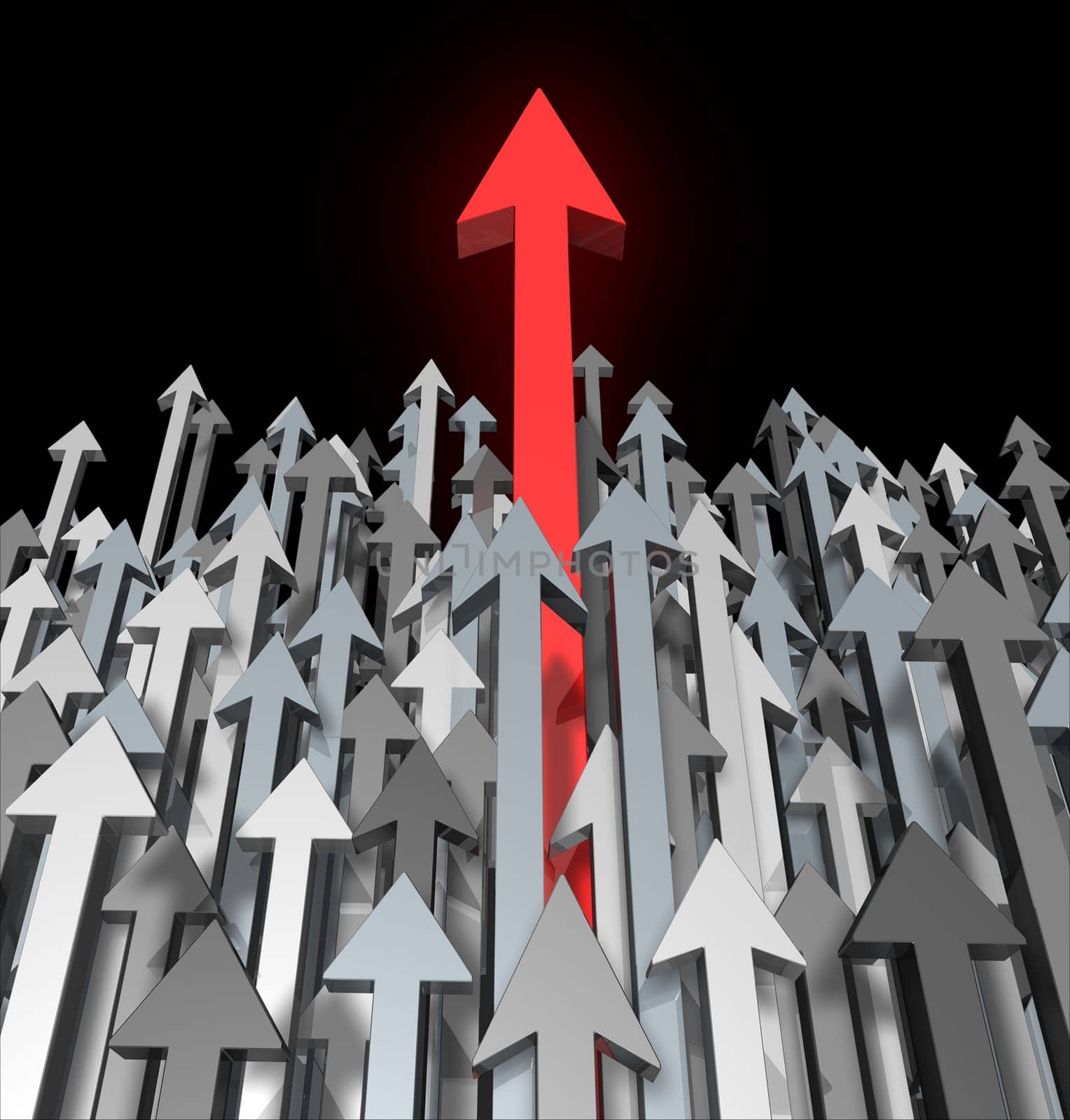 Growth and Success breaking through competition moving up and standing out from the crowd and aspireing for greatness and clear focus of a goal as a red arrow leading the race with grey arrows for  competition acheivment.