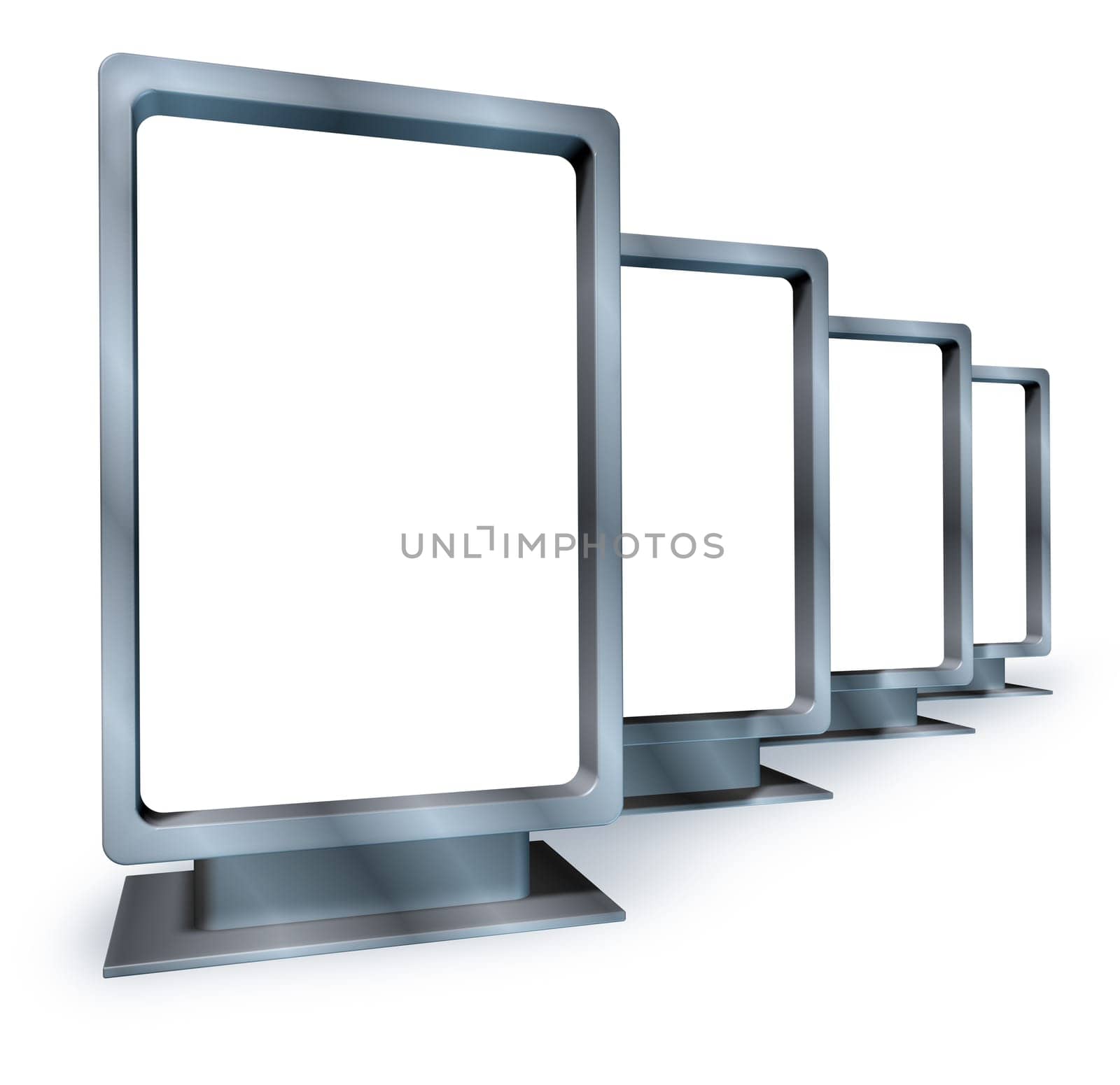 Blank vertical billboards for an advertising and marketing campaign with multiple displays made of shiny metal in different angles as sales placards for an ad program for selling goods and services for a business .