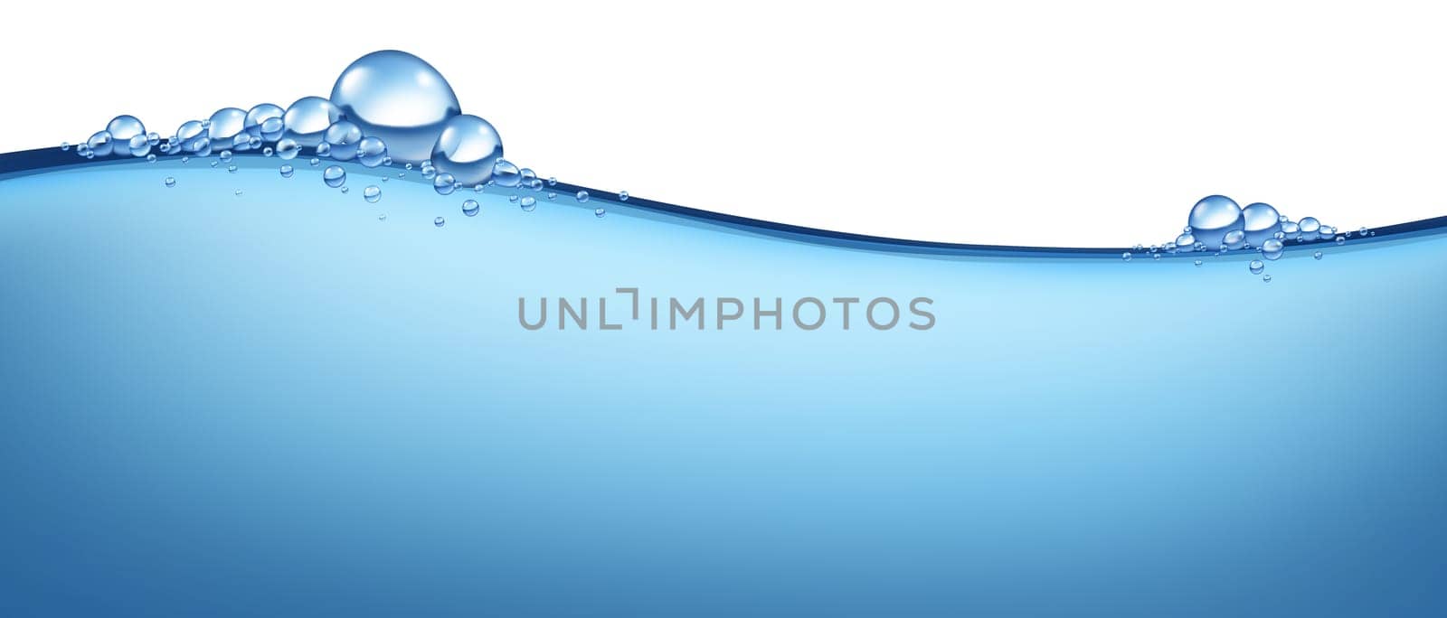 Blue water wave flowing horizontal fresh cold liquid with bubbles representing the concept of clean natural H2o as a symbol purity of health and the freshness of pure nature.