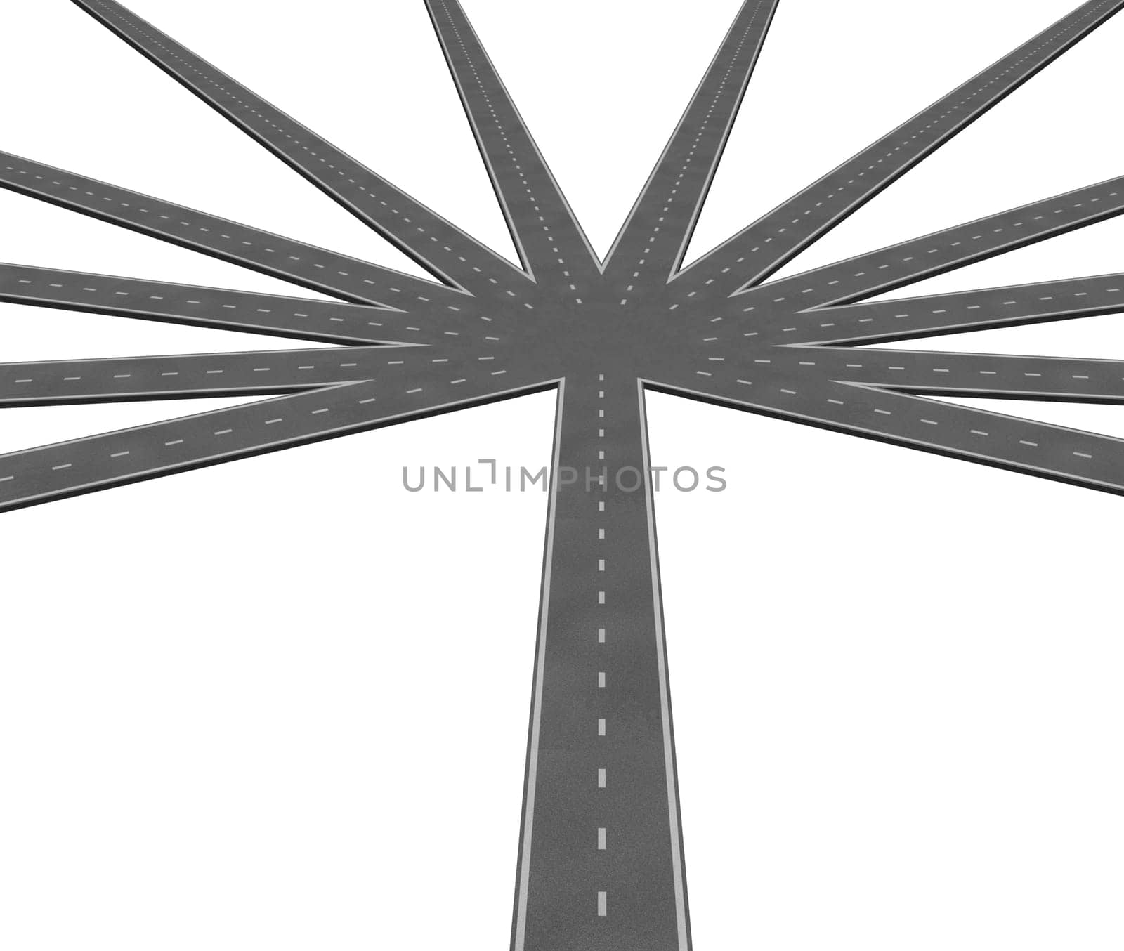 Multiple strategies and business options symbol represented by a central road leading to multiple radiating roads representing the different options available for deciiding on what route to take.