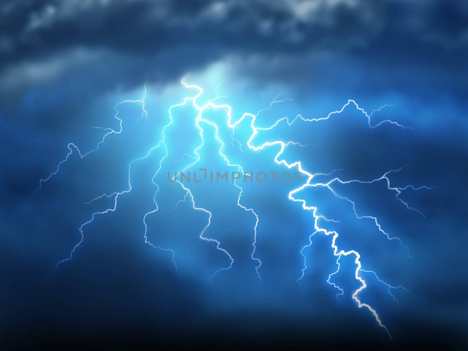 Lightning storm thunderstorm with a bolt of light electricity from a dark cloudy blue night sky showing power of natural destruction and dramatic weather storm resulting in disaster and electrical shock.