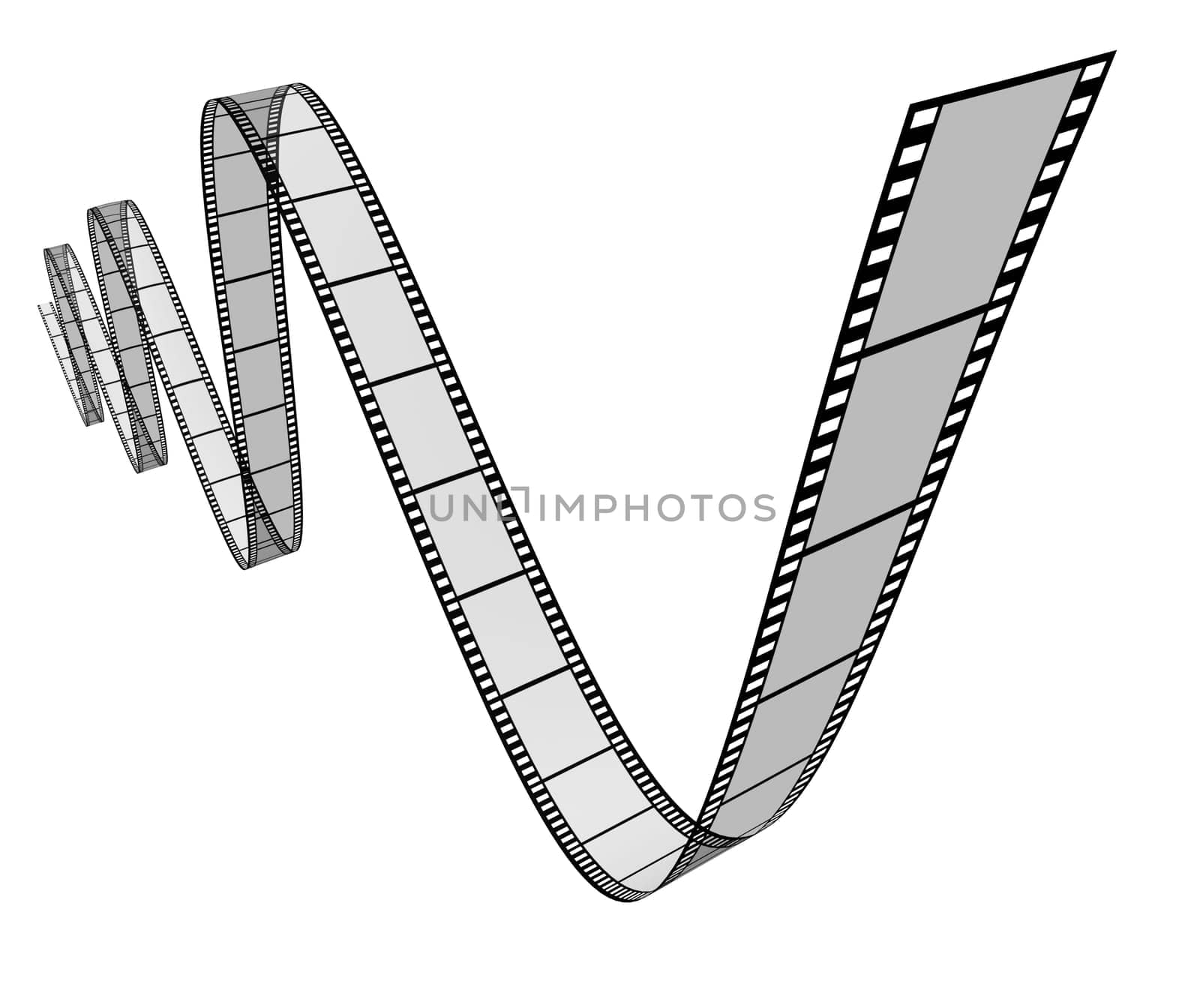 Film movie frames in a dynamic 3d twisted shape on white background representing cinema and motion pictures directing as a digital film industry symbol with a spiral curved roll of film floating in dimensional space showing the concept of visual media.