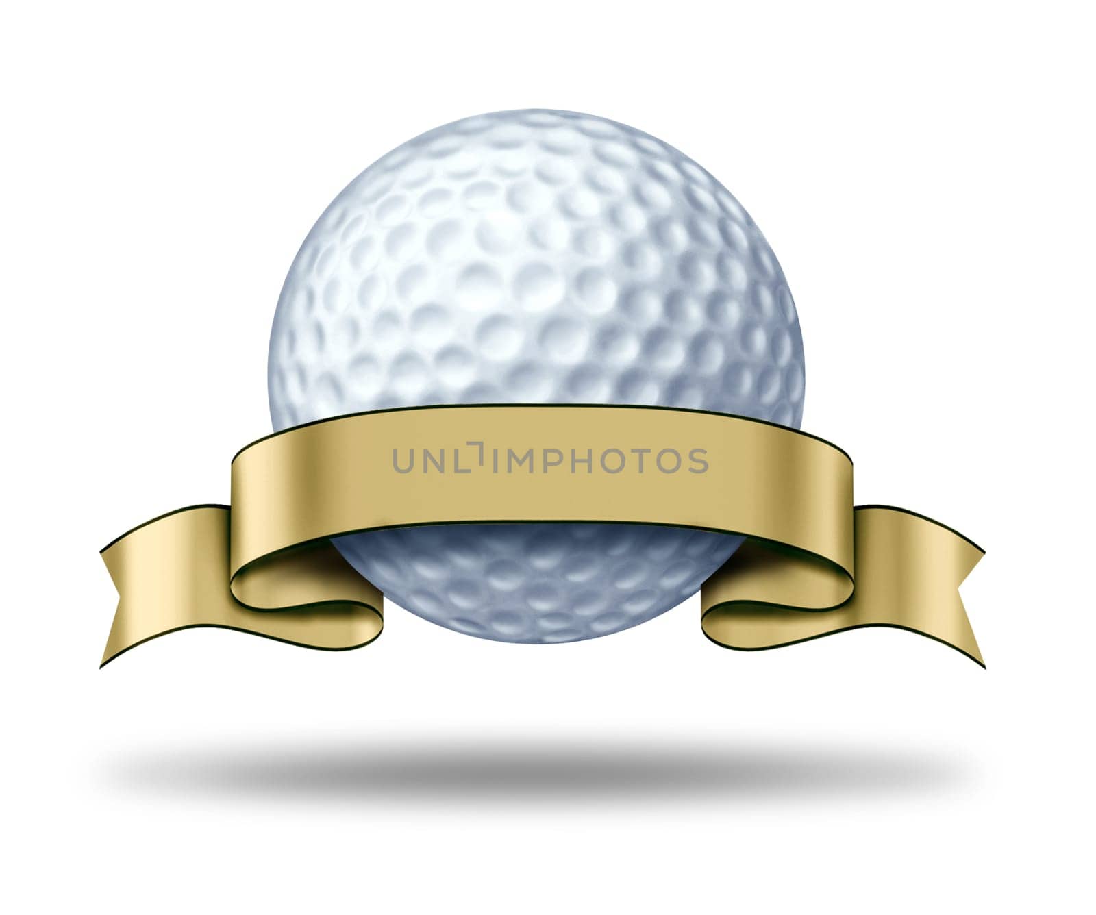 Golf Award with blank gold label showing a golfing tournament champion symbol represented by a white golf ball and golden ribbon as a concept of golfer sports competion winning and golf course  game activity.
