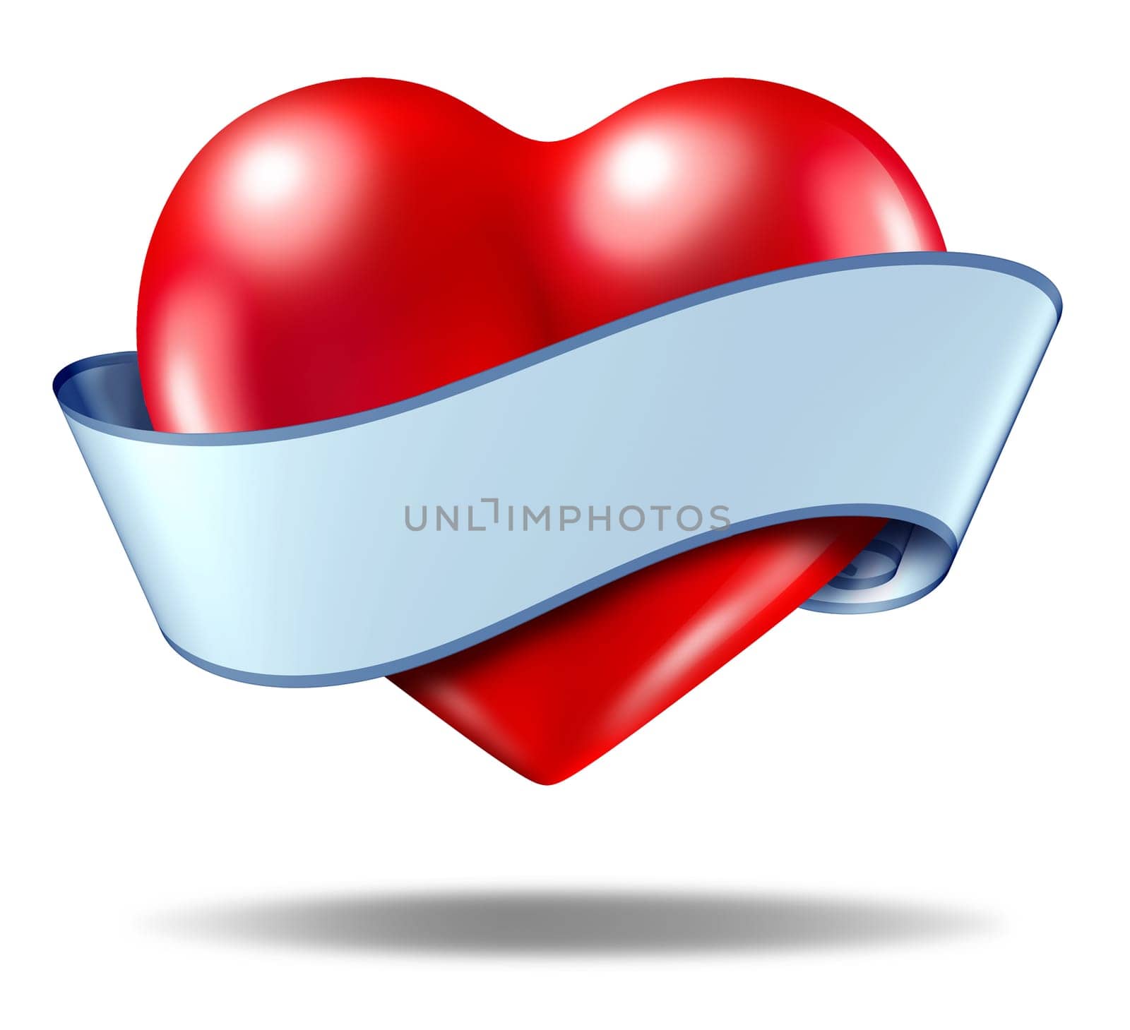 Heart emblem and love icon with a blank ribbon scroll around the va entines symbol on a white background.