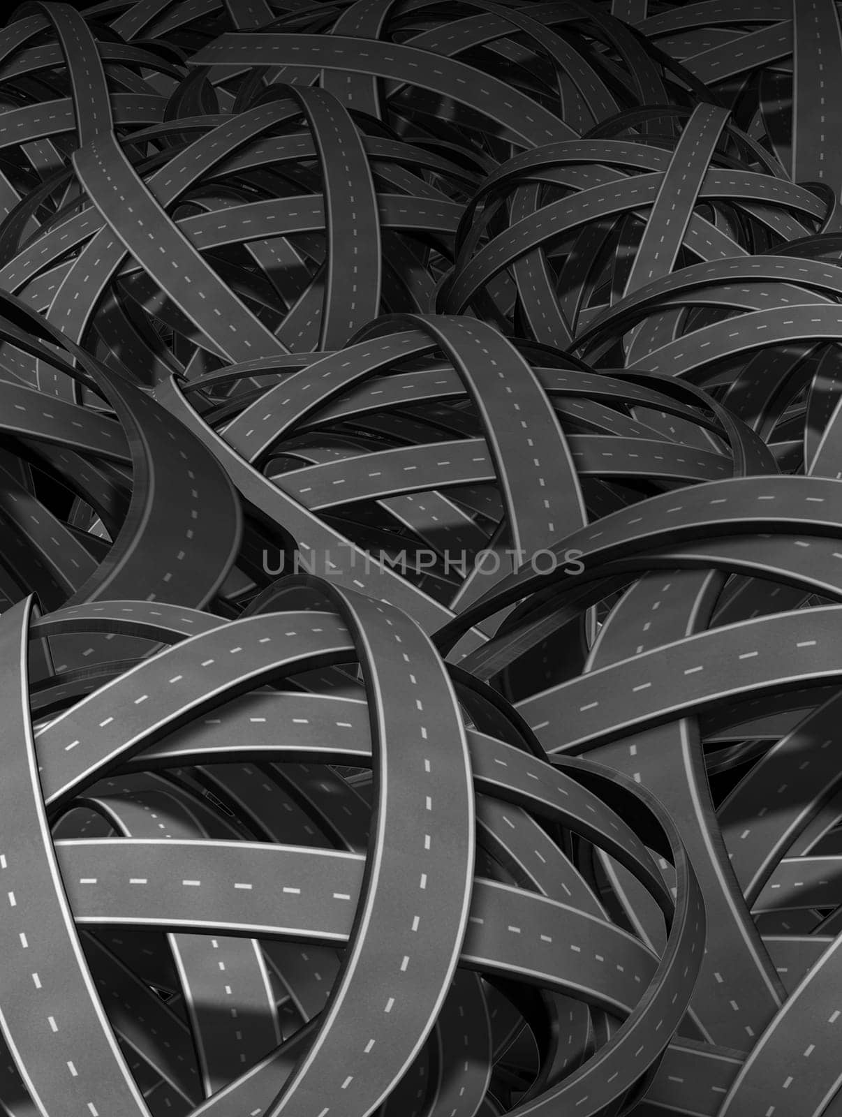 Lost and confused direction going nowhere in business and life symbol represented by tangled bundeled roads and highways interlinked in a chaotic unclear complicated direction and perplexing path that has no end or beginning as a wrong strategy and losing plan or challenge.