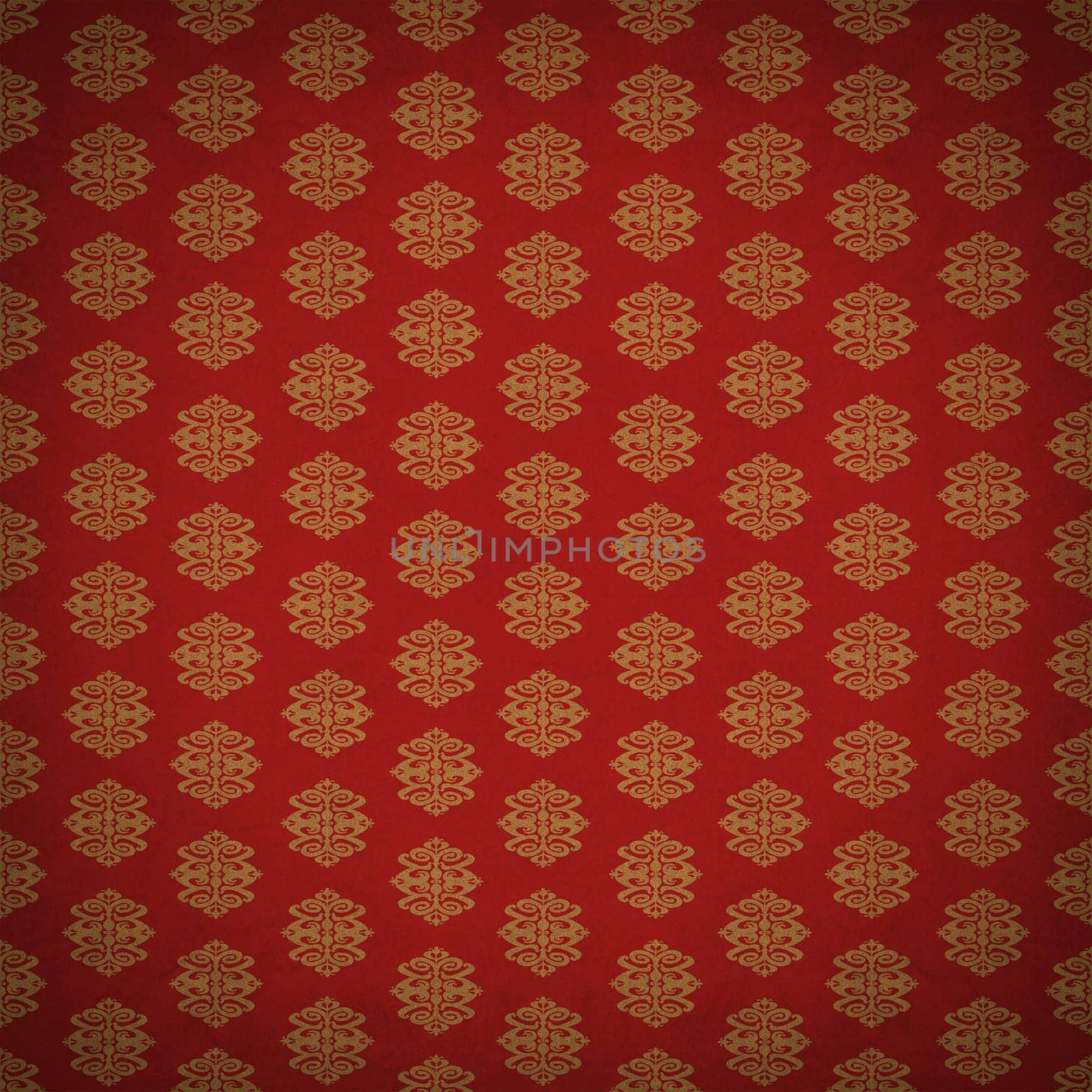 Red and gold leaf antique old wallpaper with an ancient retro style victorian pattern style with a textured old fashioned design element.