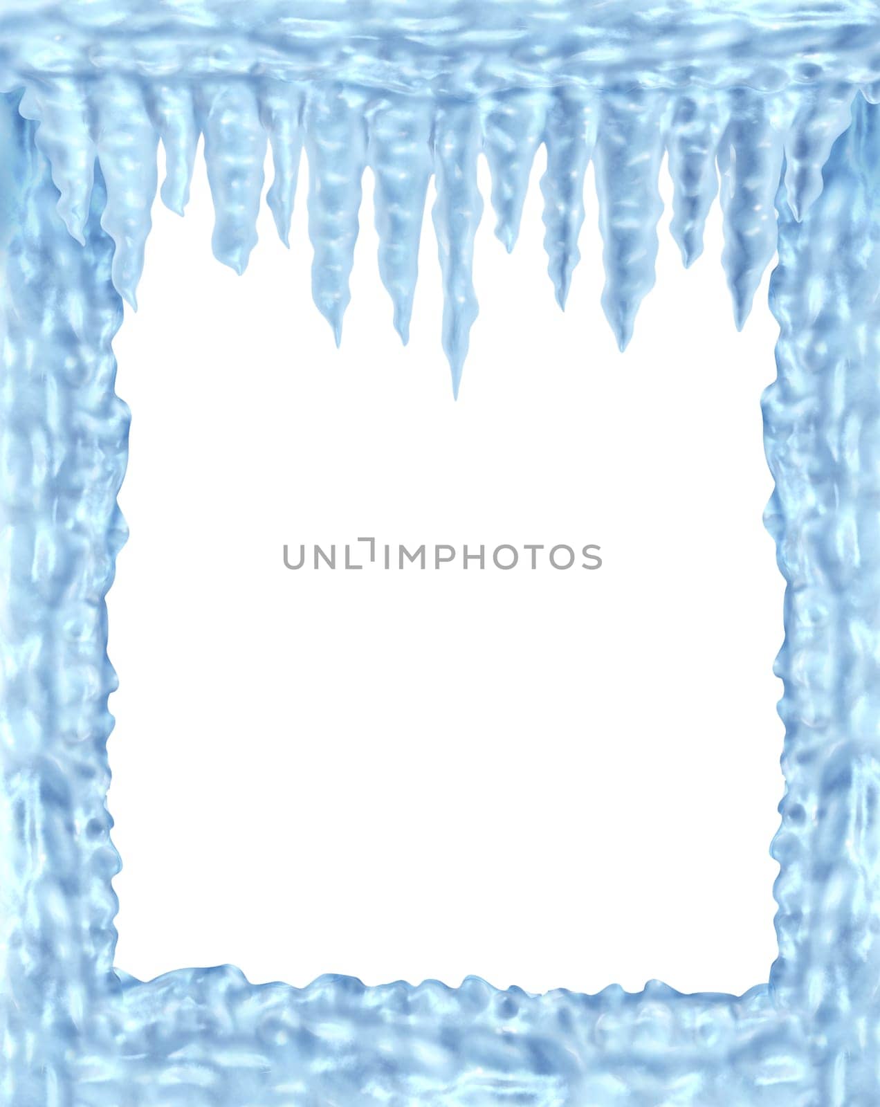Frozen ice and icicles frame winter design element on a blank white background representing the cold arctic weather and low freezing  temperatures resulting in hanging shiny transparent ice crystals.