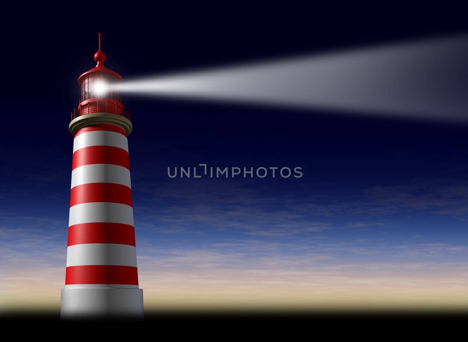Lighthouse beam of light and beacon of hope and strategic guidance symbol as a concept of beaming light from the high tower for security and clear direction assistance in planning a journey or business strategy on a night horizontal sky before sunset or dusk.