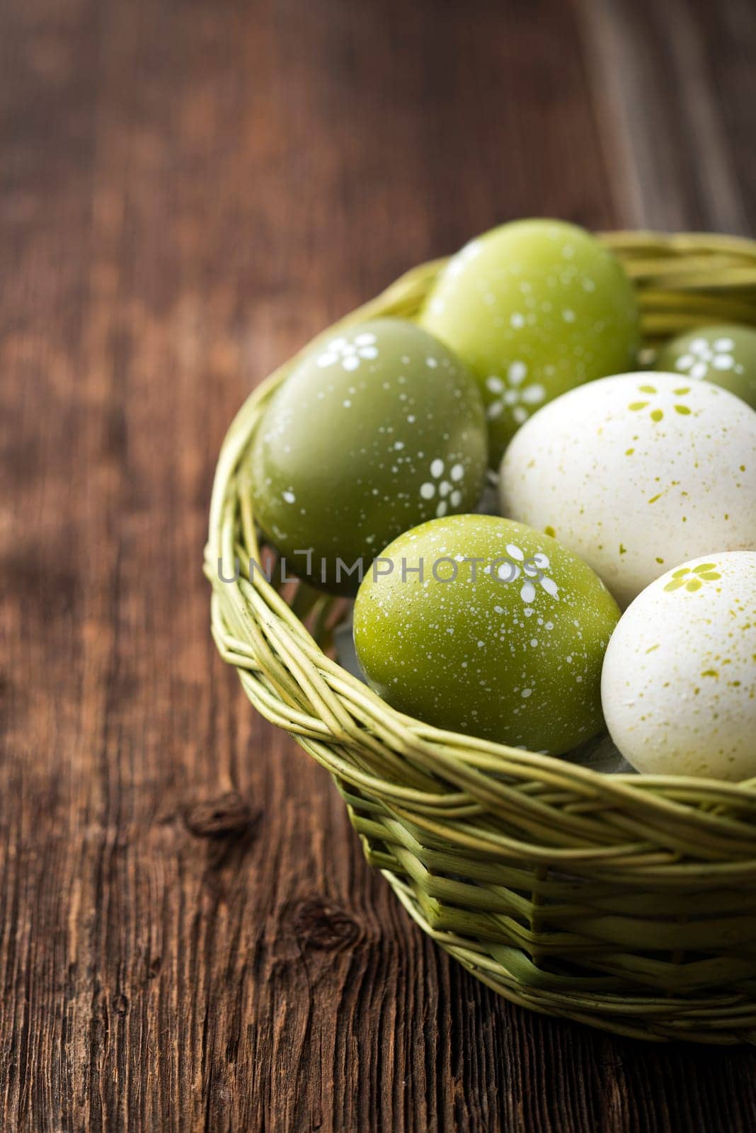 Easter eggs in a basket close up shoot