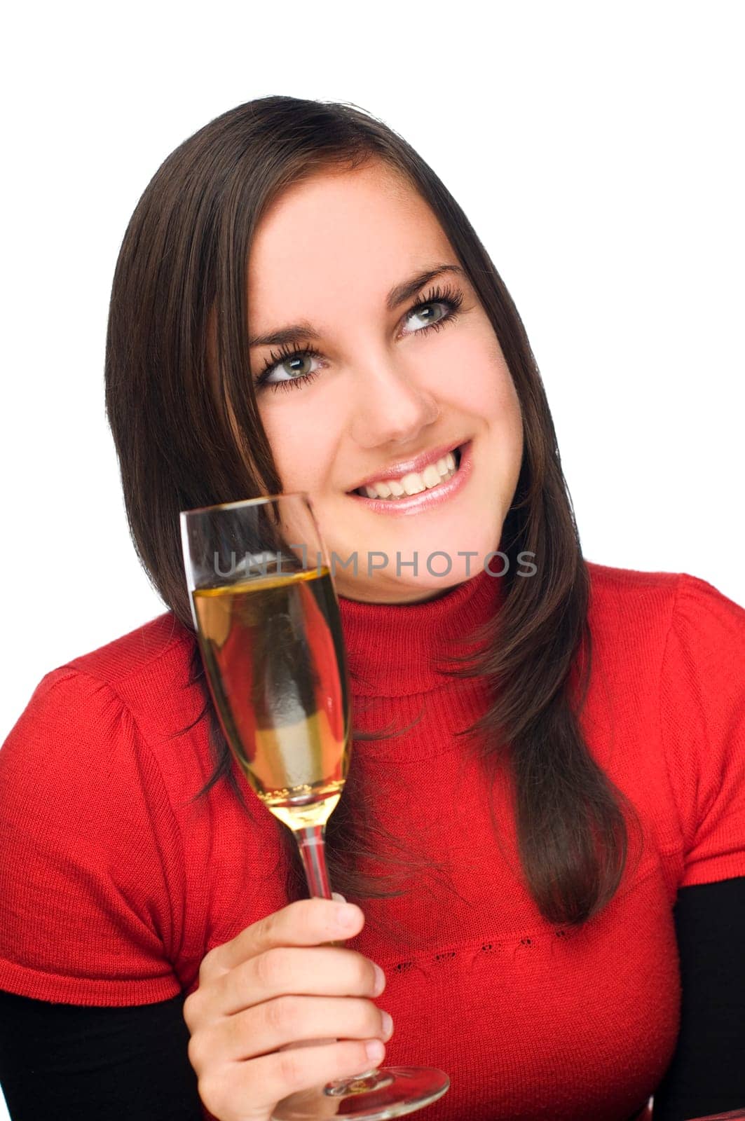 young woman holding glass of champagne close up